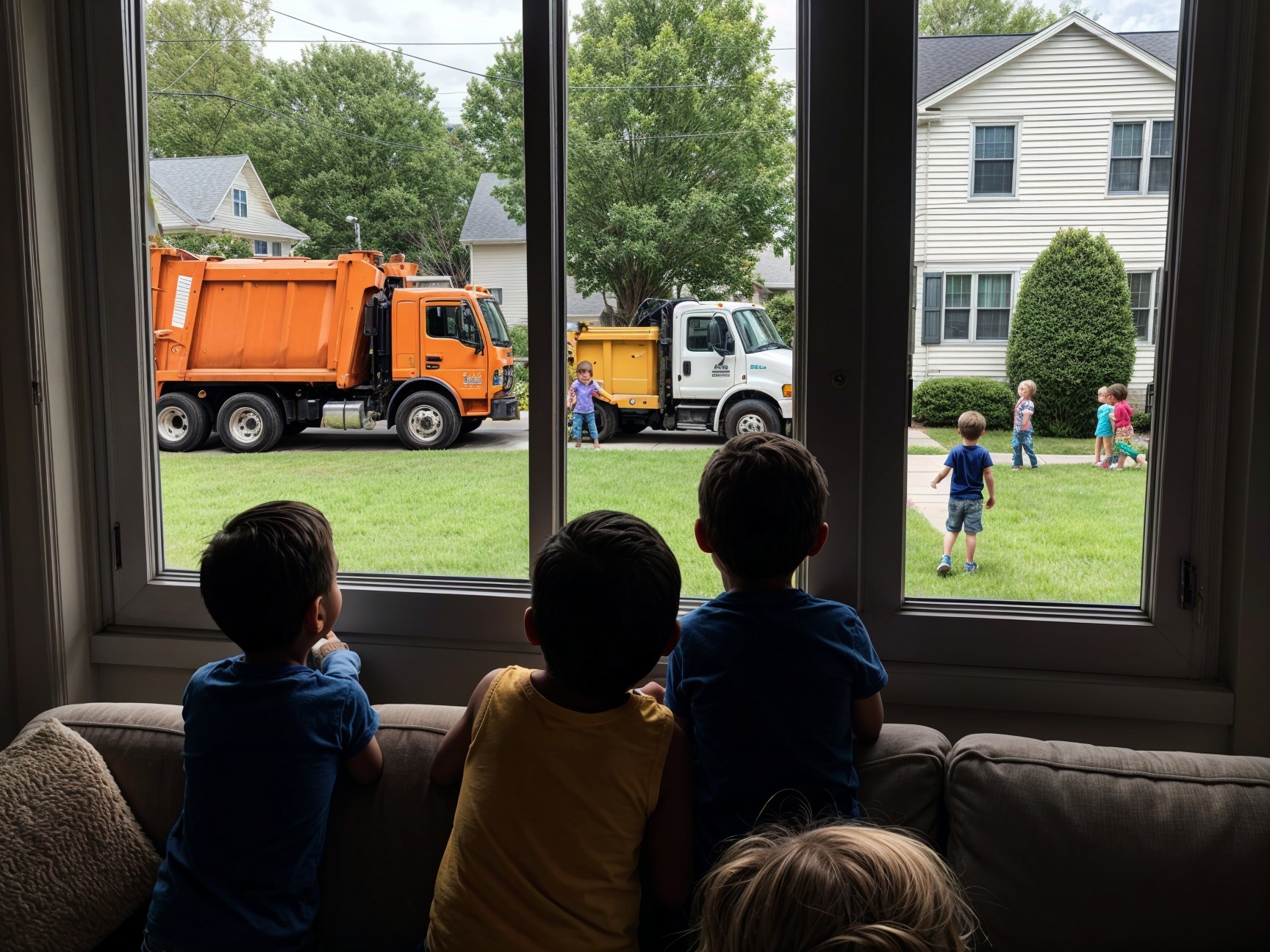 Children Observing Garbage Trucks from a Couch