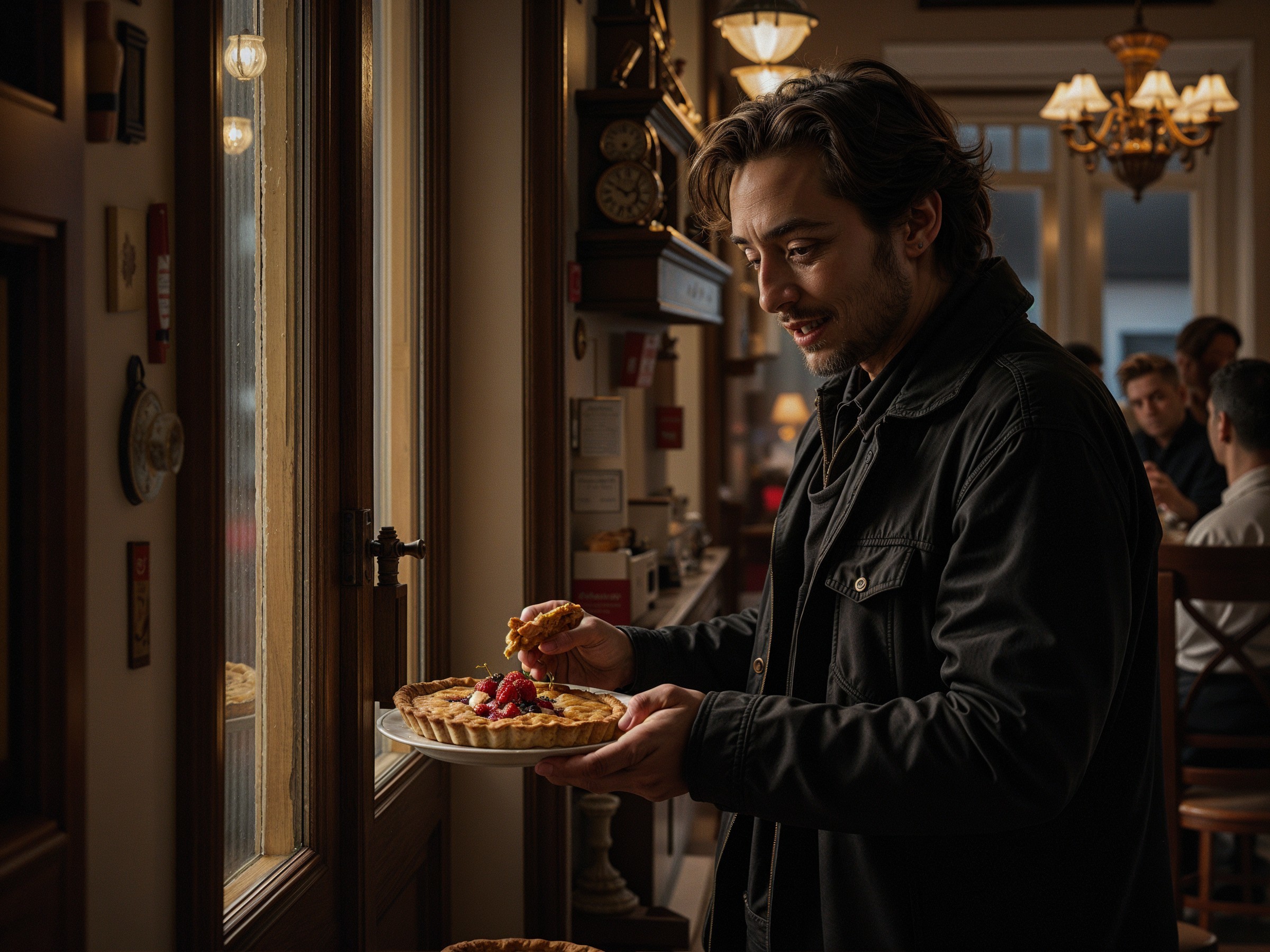 Young man with pie in cozy café setting