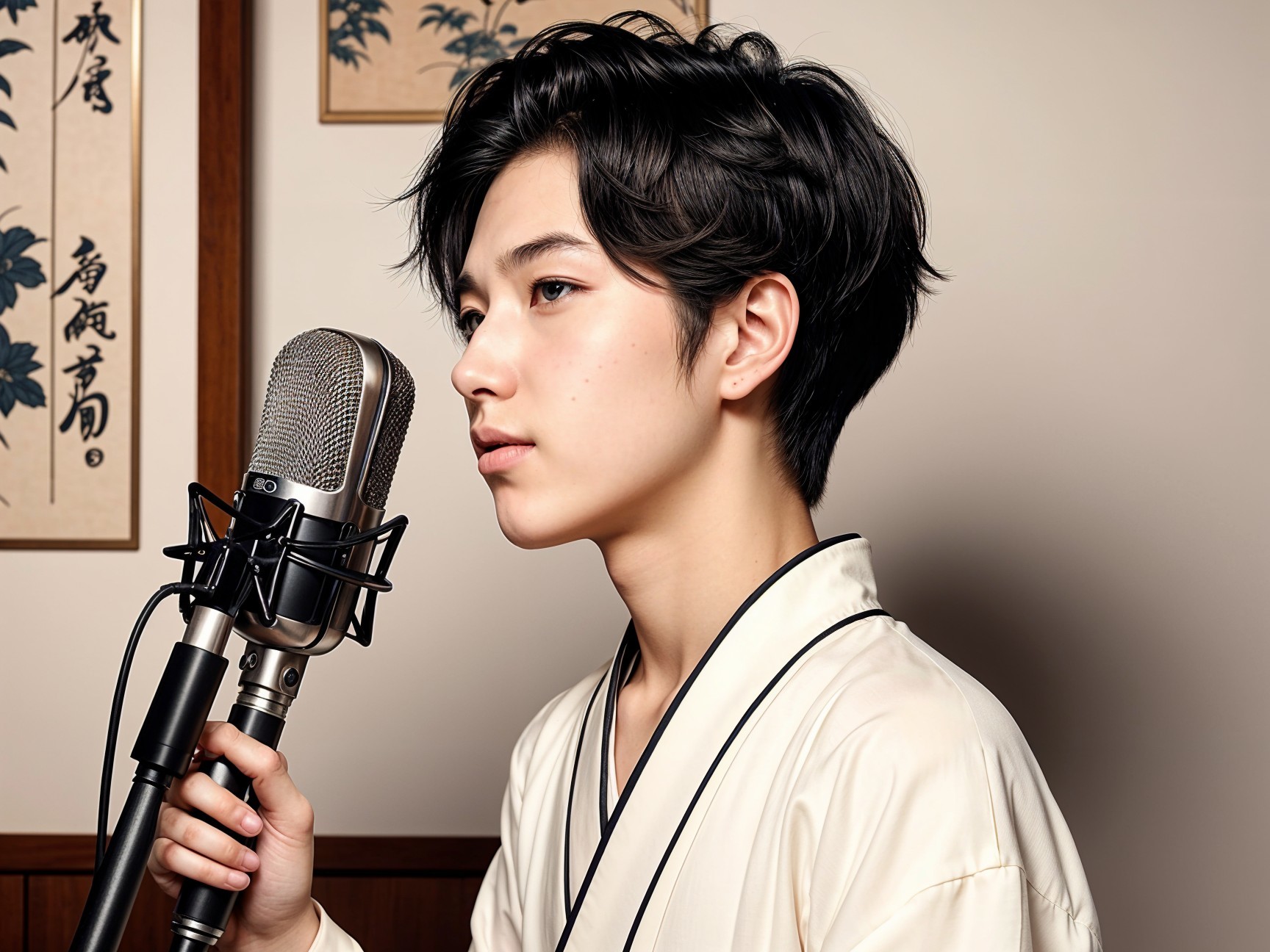 Young Person in Kimono with Vintage Microphone