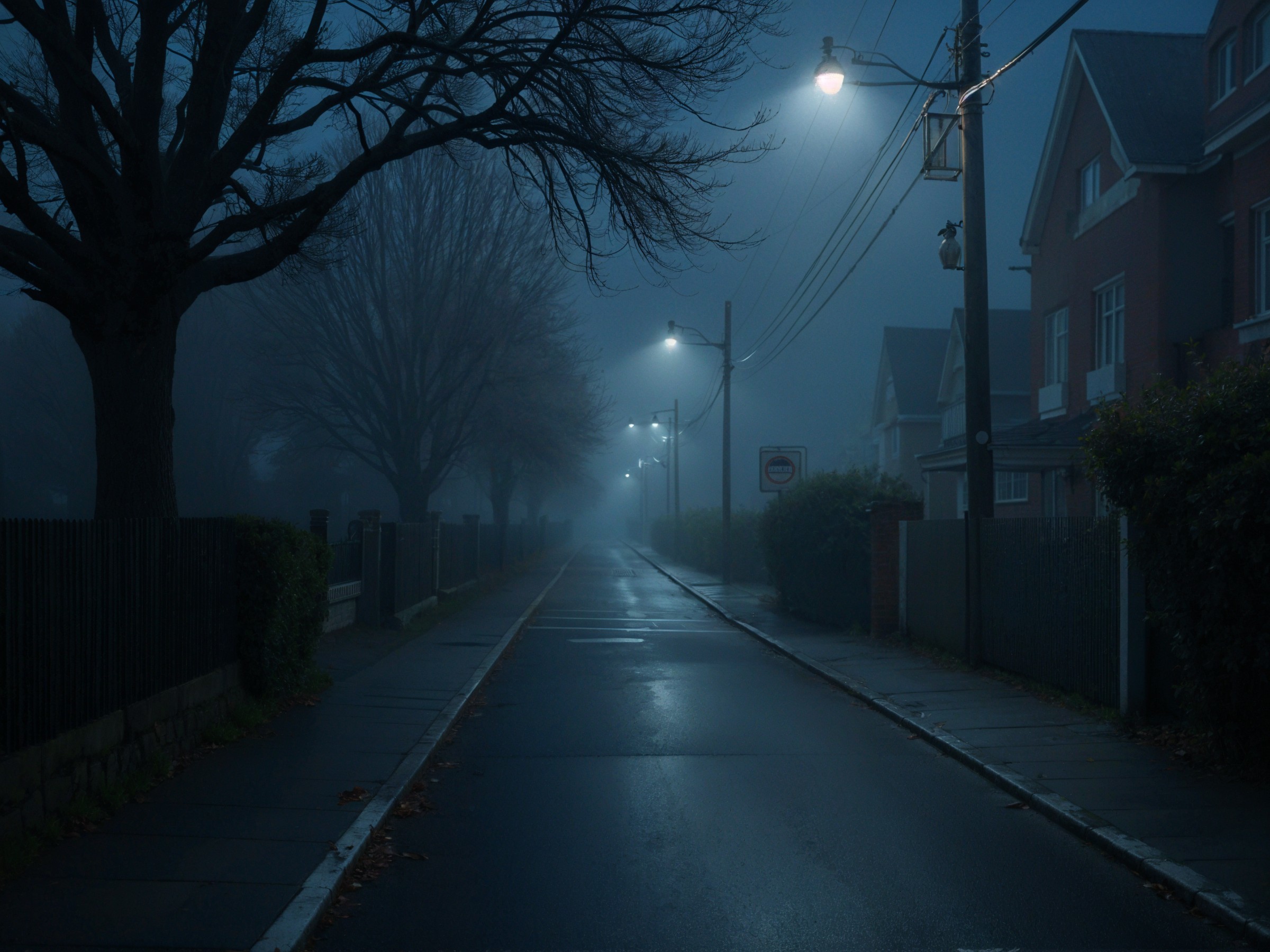 Foggy Street at Dusk with Dim Streetlights and Trees
