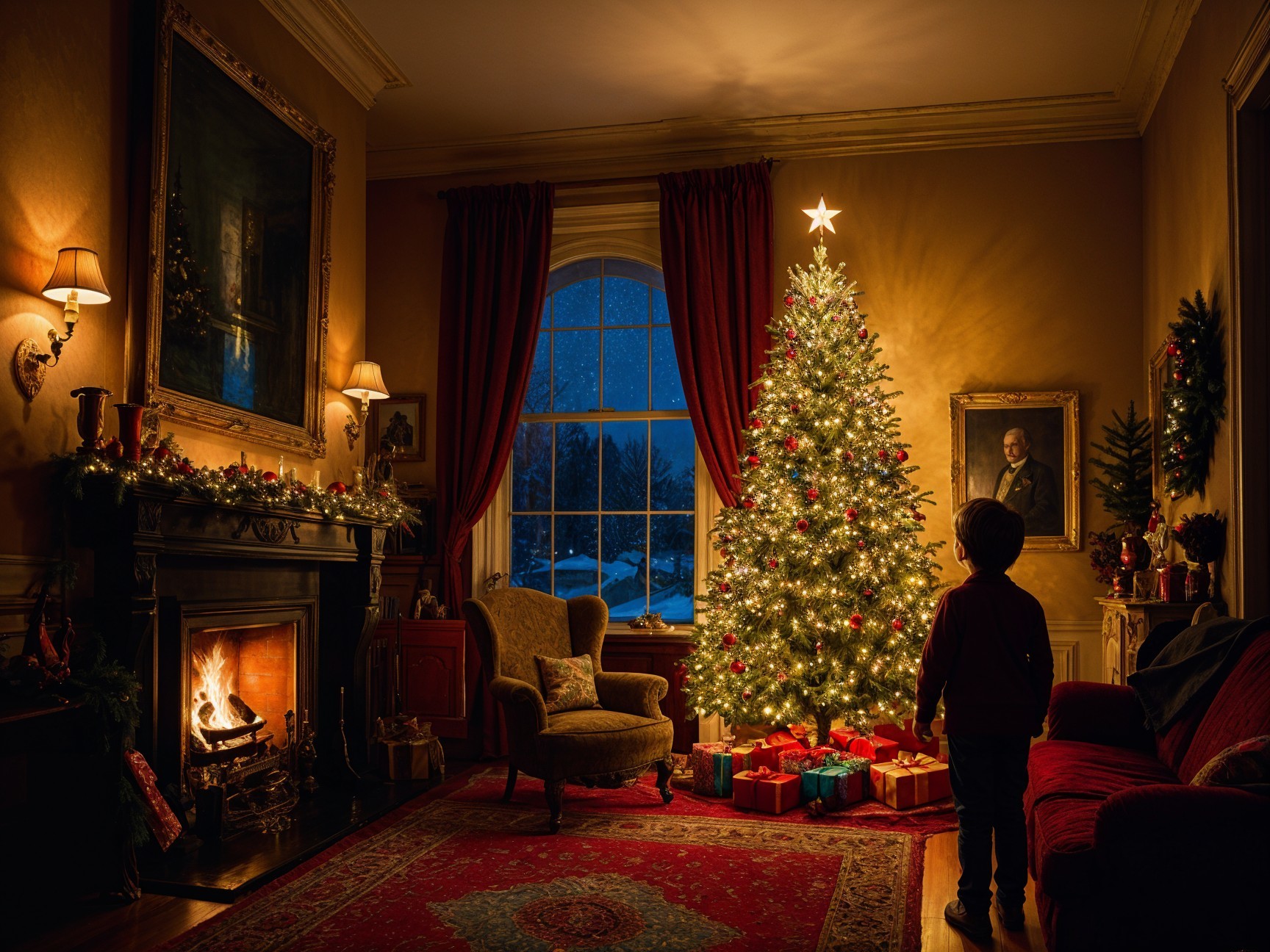 Cozy Living Room with Christmas Tree and Snowfall