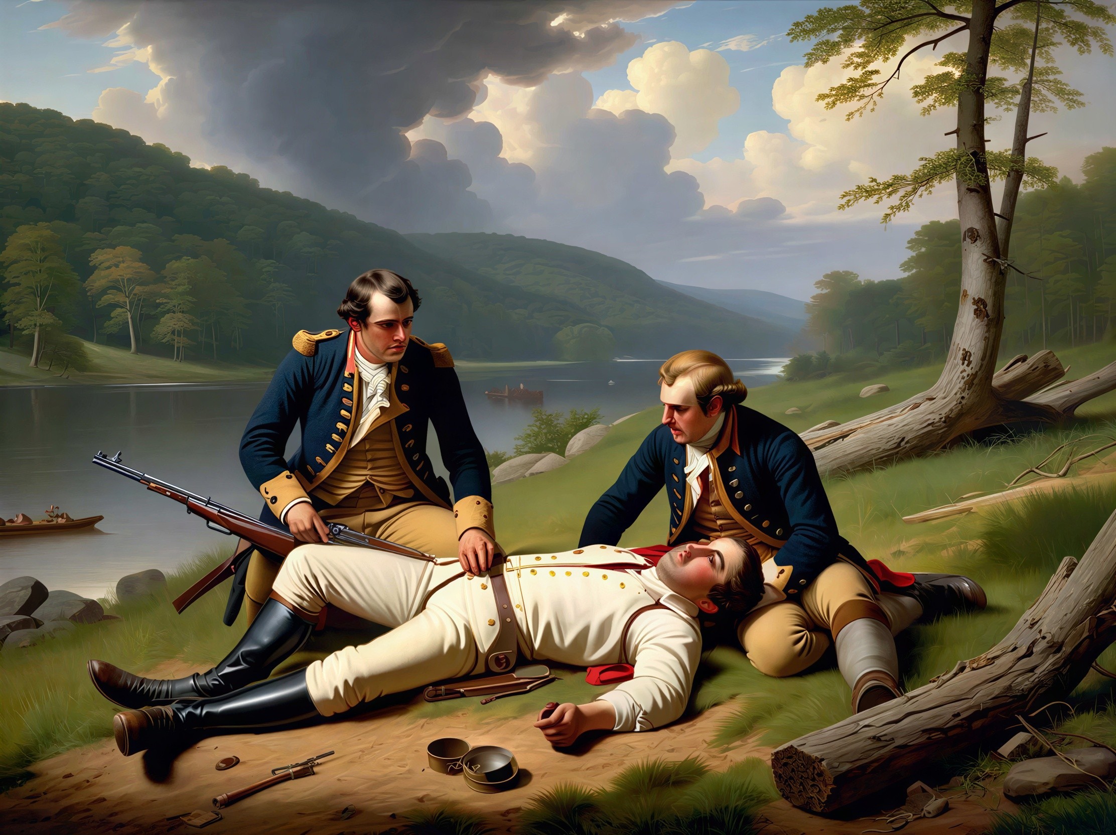 Colonial Soldiers Assisting Wounded Man by Riverbank