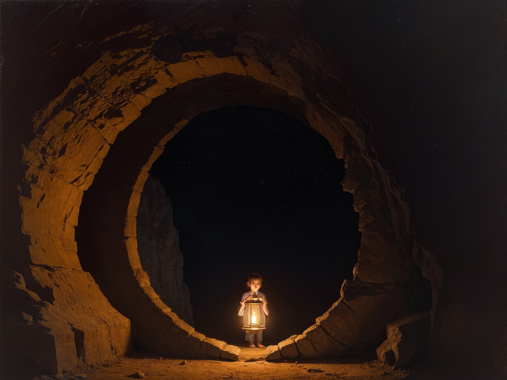 Child with Lantern at Circular Stone Arch Entrance