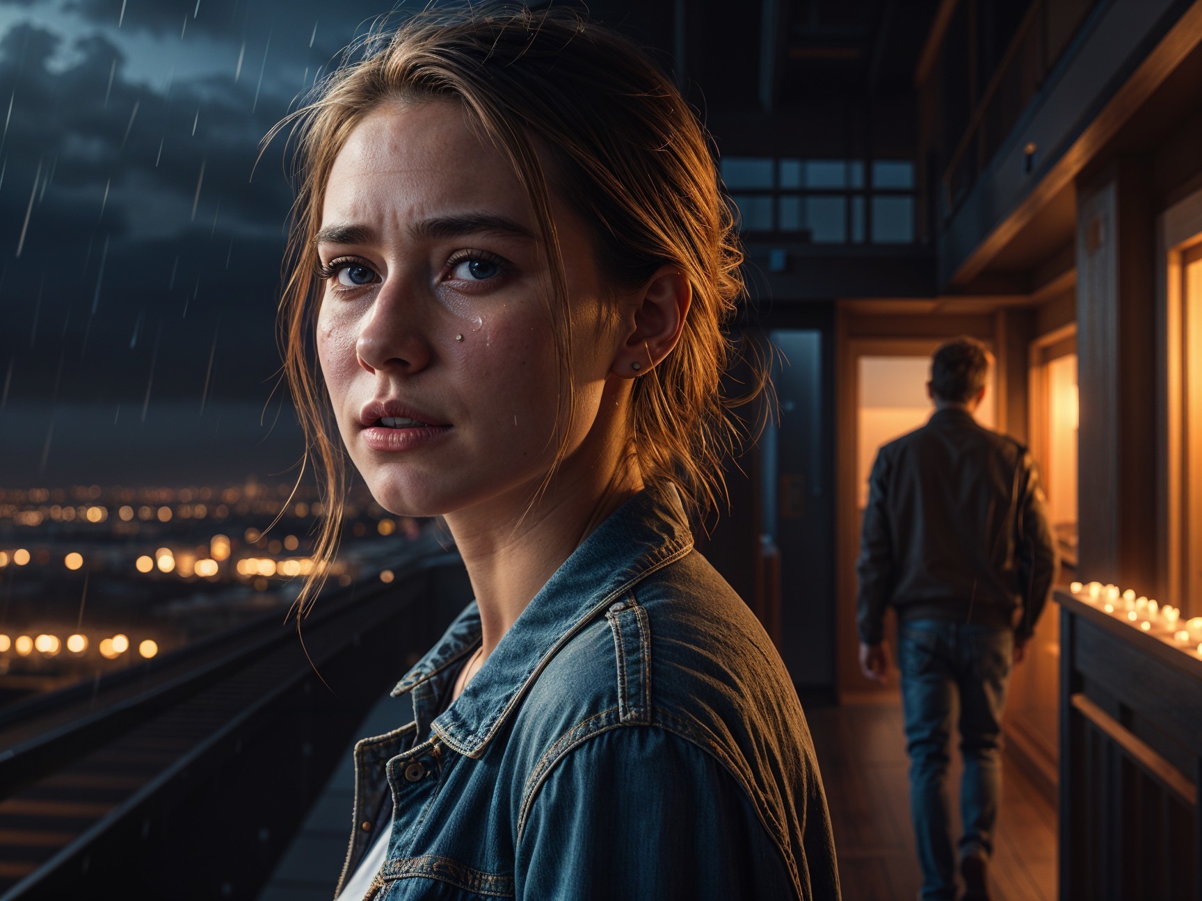 Young Woman in Dim Urban Setting with Raindrops