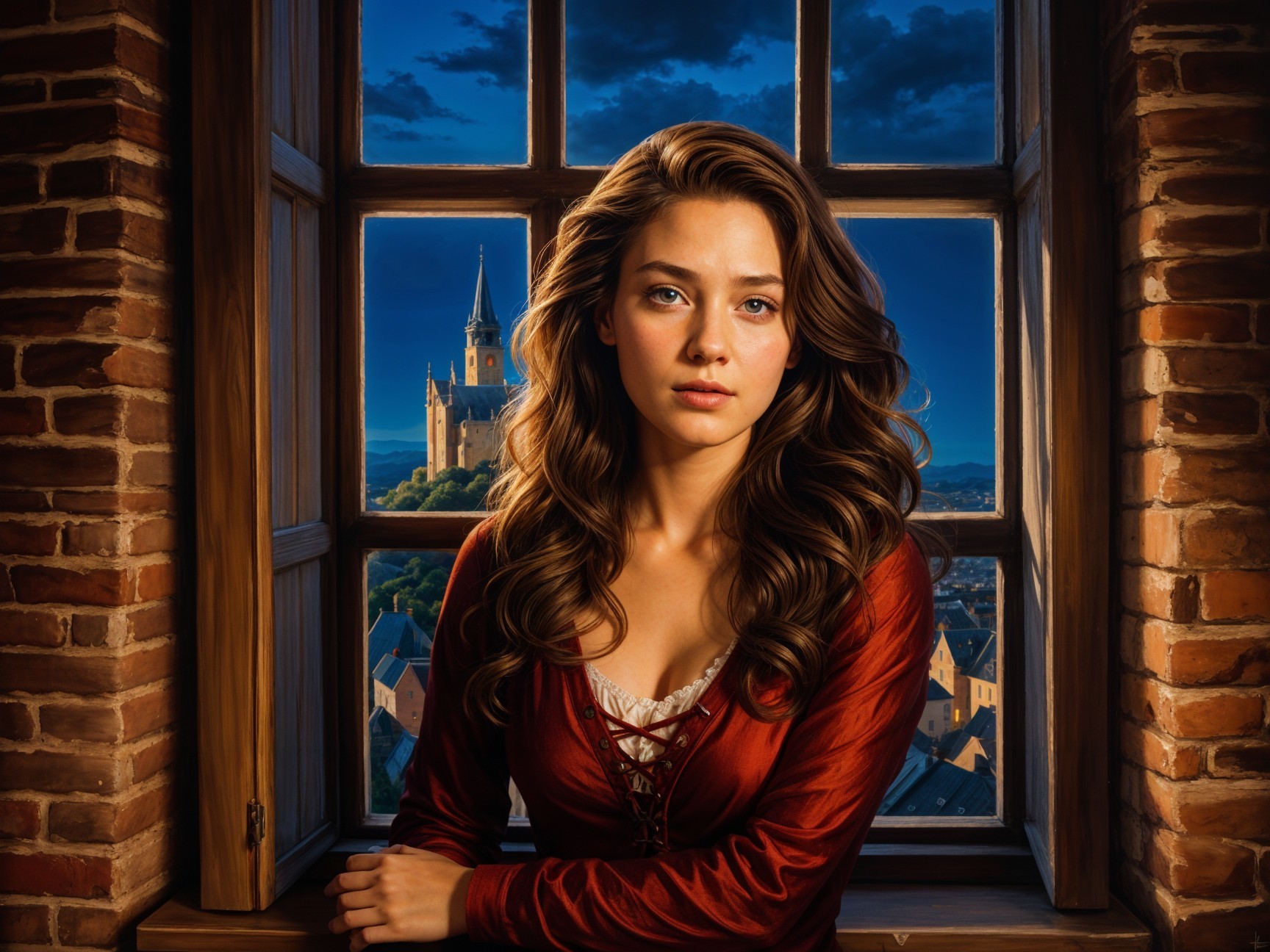 Young woman in historical blouse by a window with landscape