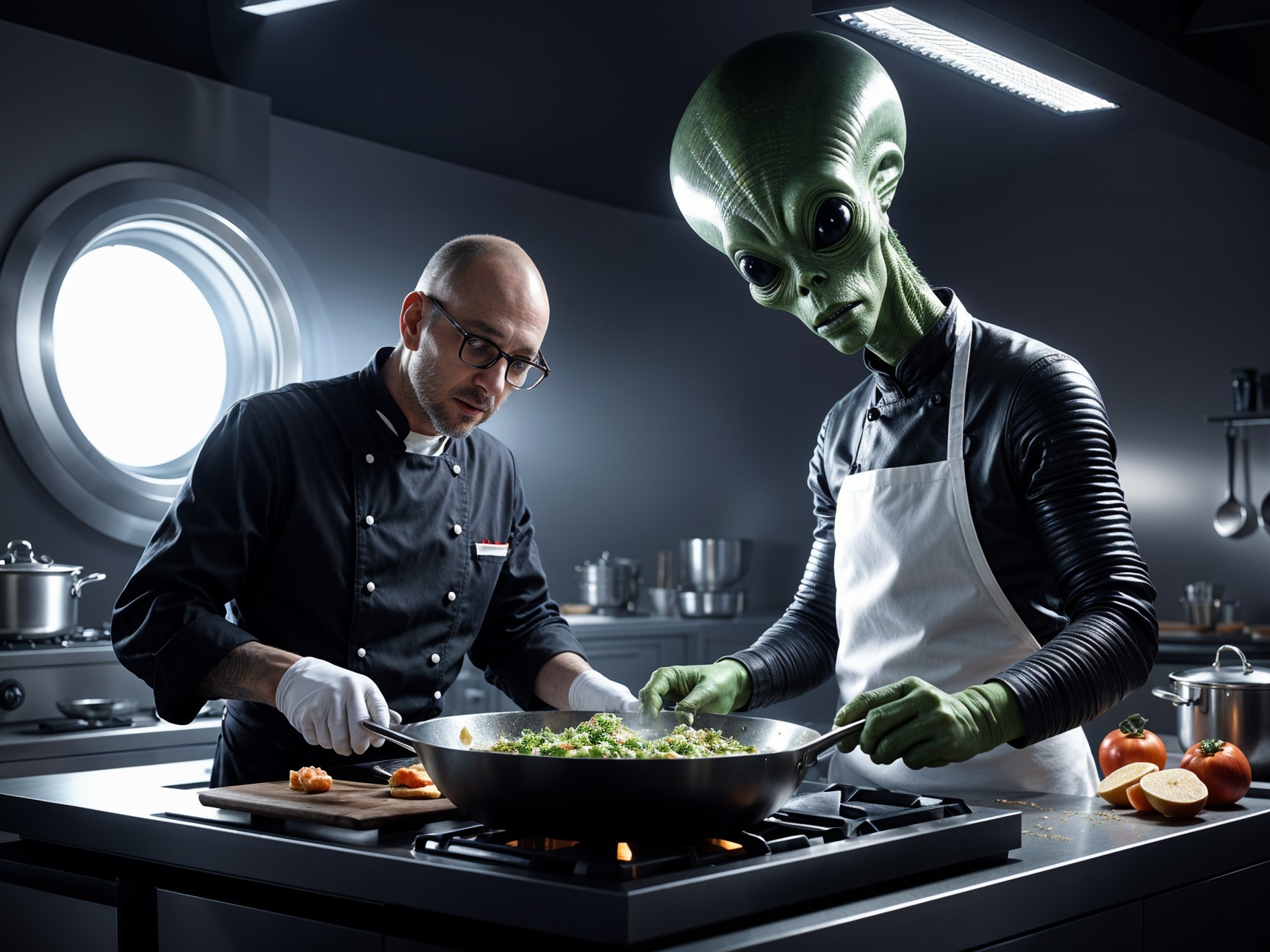 Futuristic kitchen with chef and alien preparing vegetables