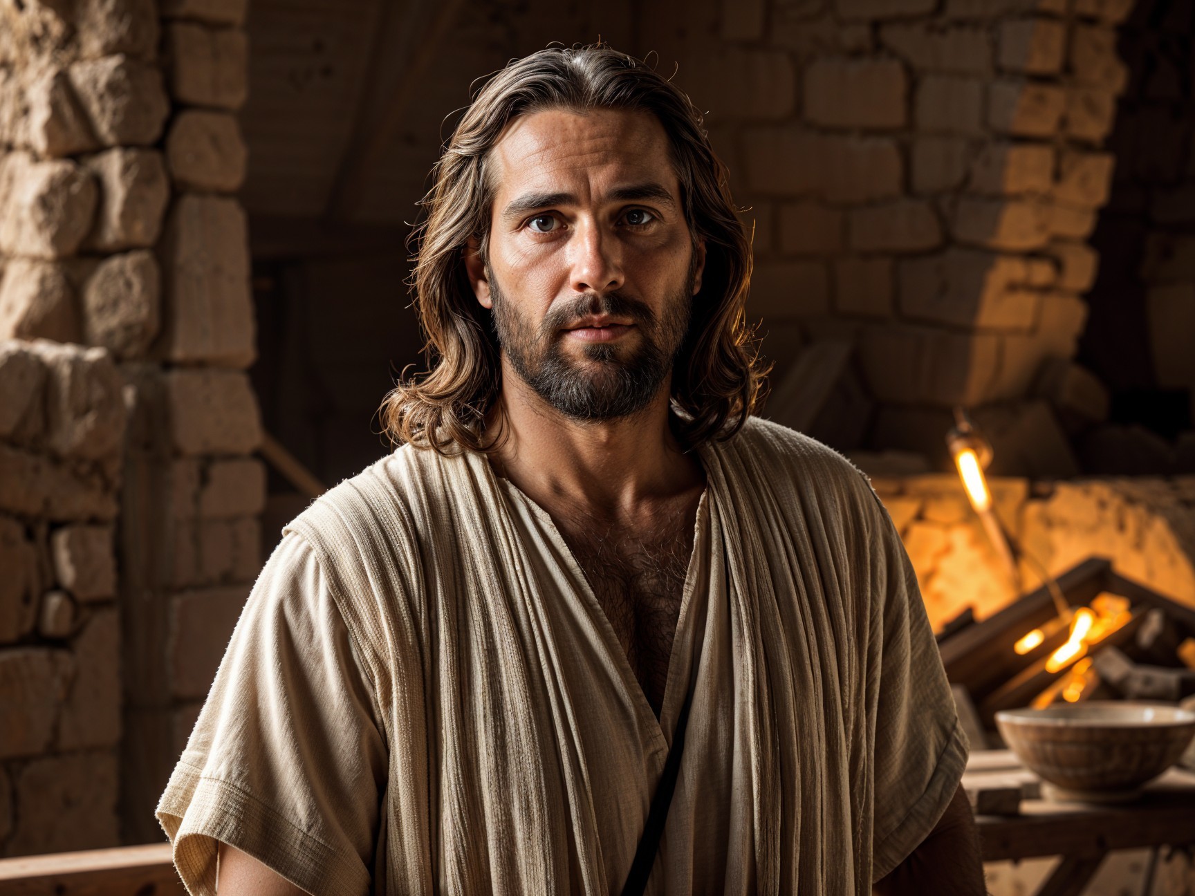 Man with Long Hair in Rustic Dimly Lit Space