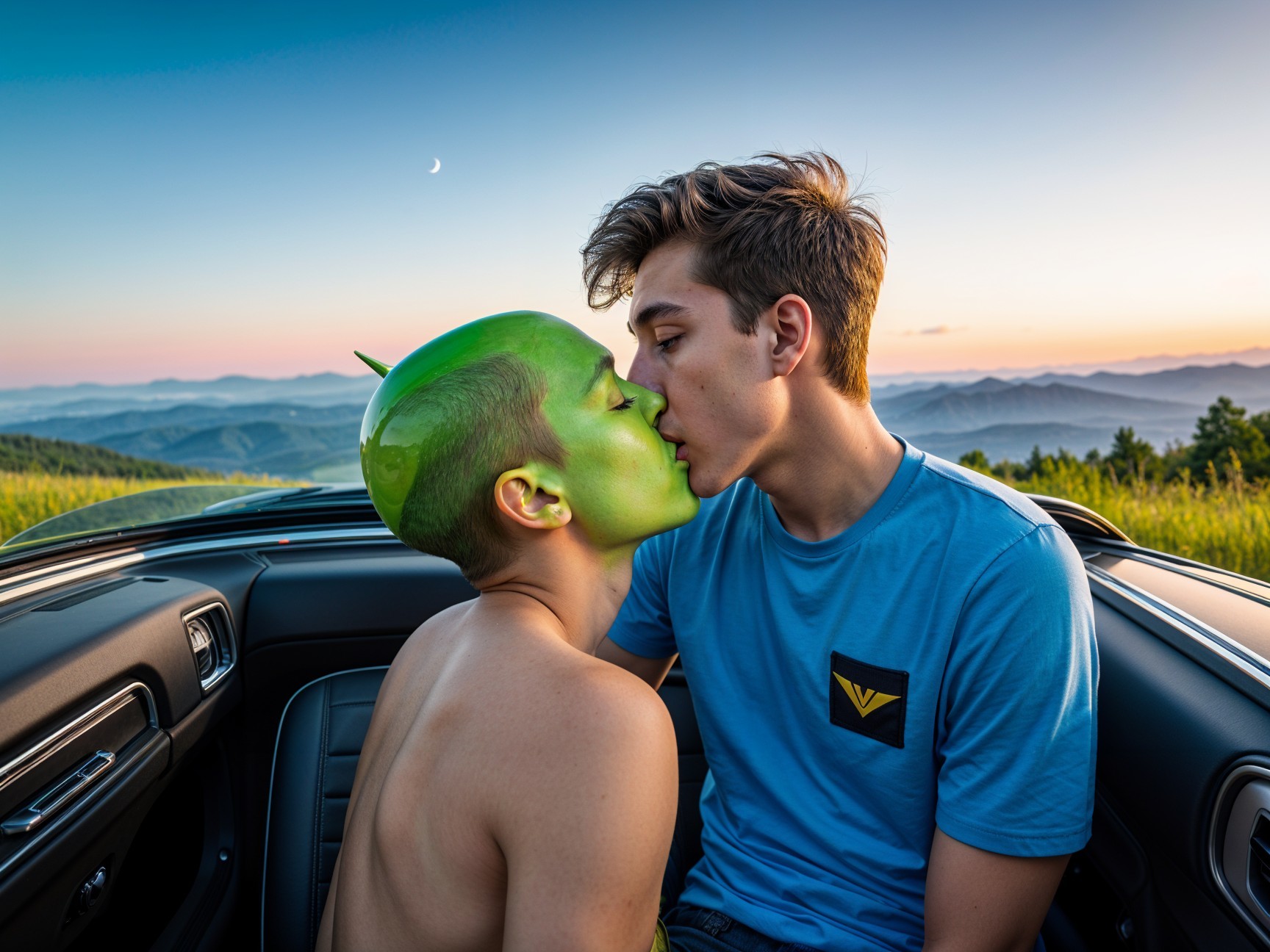 Couple Kissing in Convertible with Mountain Backdrop