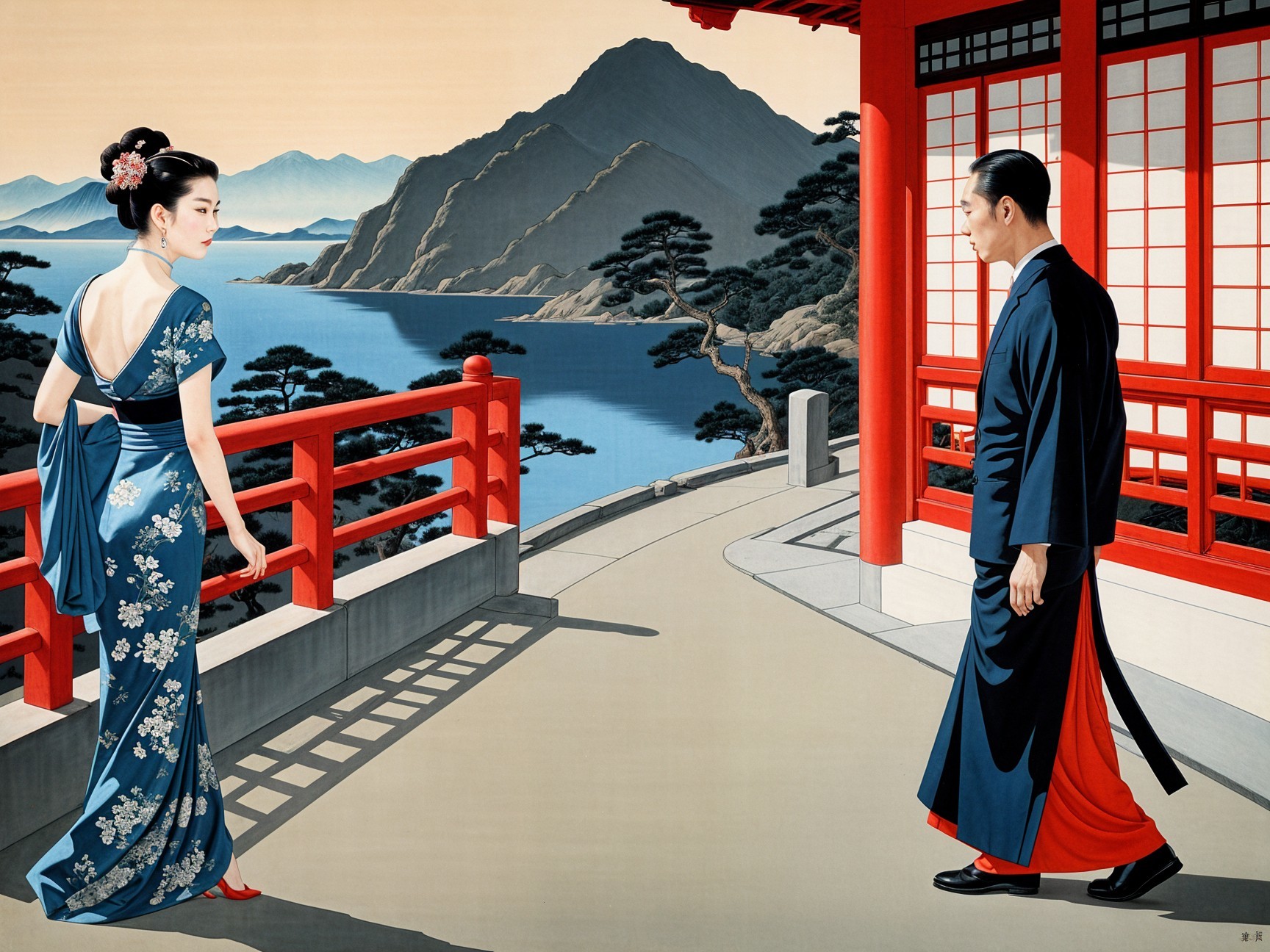 Woman in Blue Kimono Overlooking Tranquil Landscape