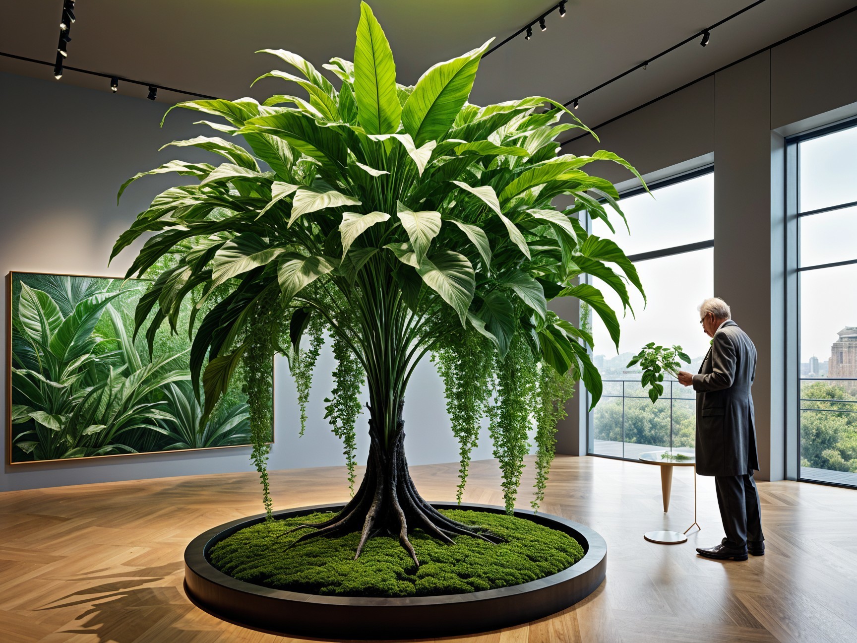 Indoor Tree and Art in Modern Gallery Setting