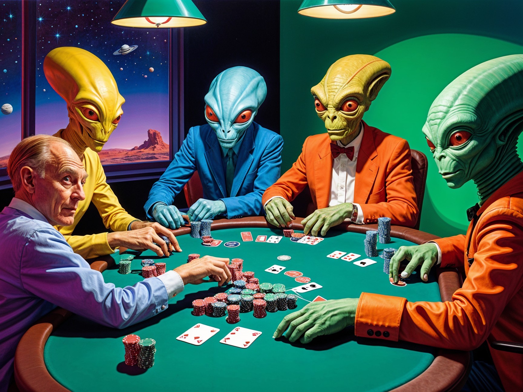 Aliens and Human Playing Poker in Cosmic Setting