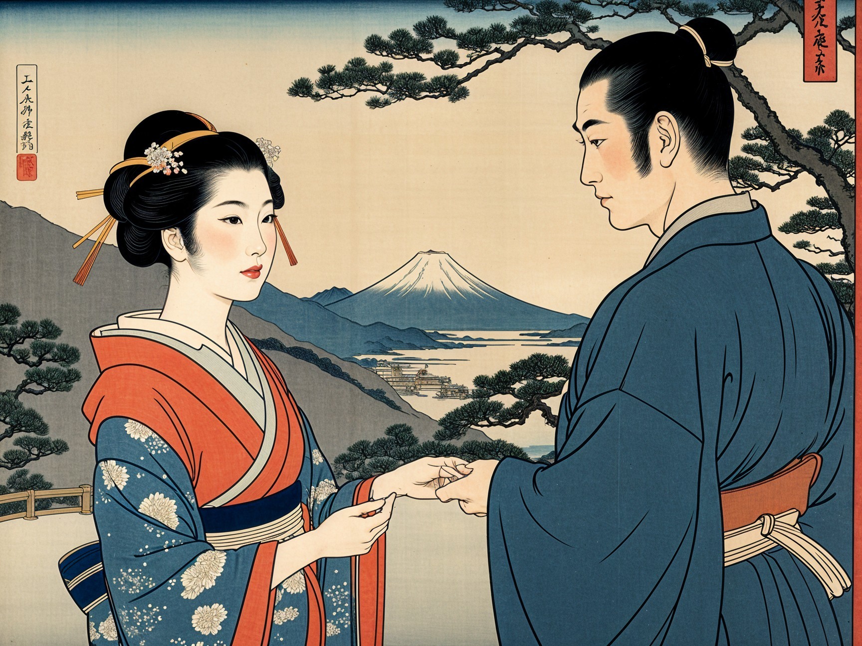 Couple in Kimono by Mount Fuji in Traditional Scene