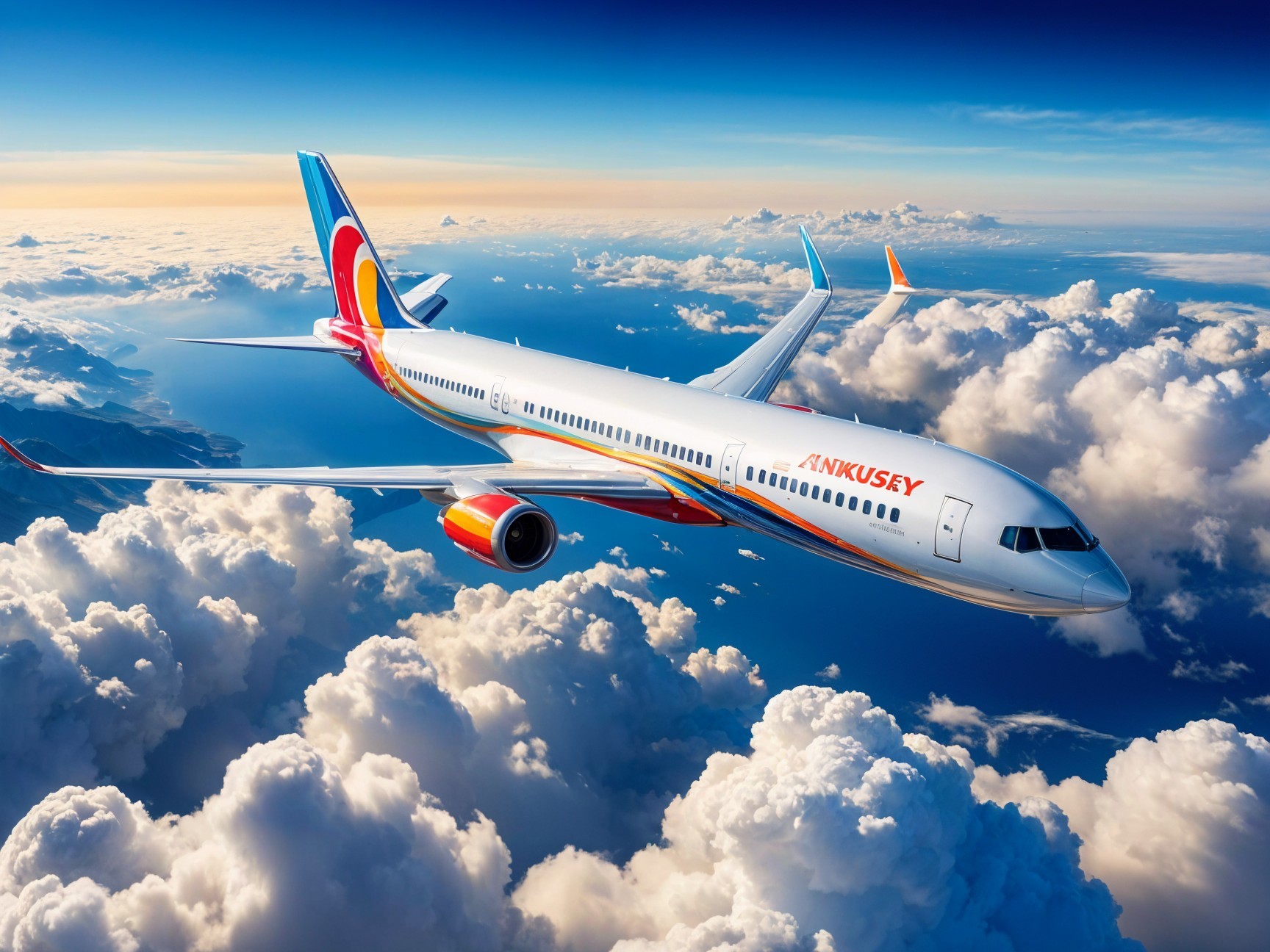 Commercial airplane flying above clouds with vibrant livery