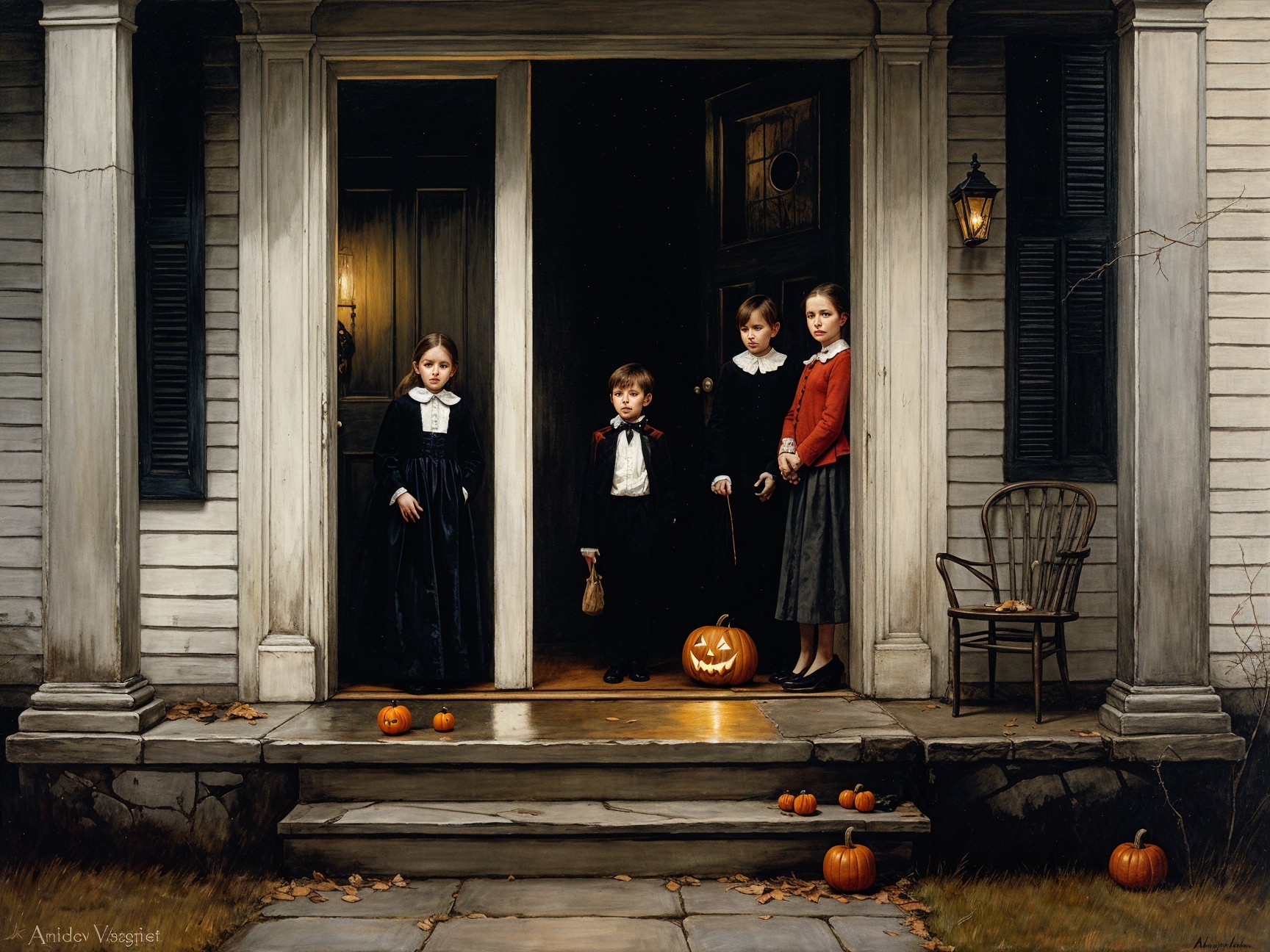 Children in Vintage Costumes on Porch with Pumpkins
