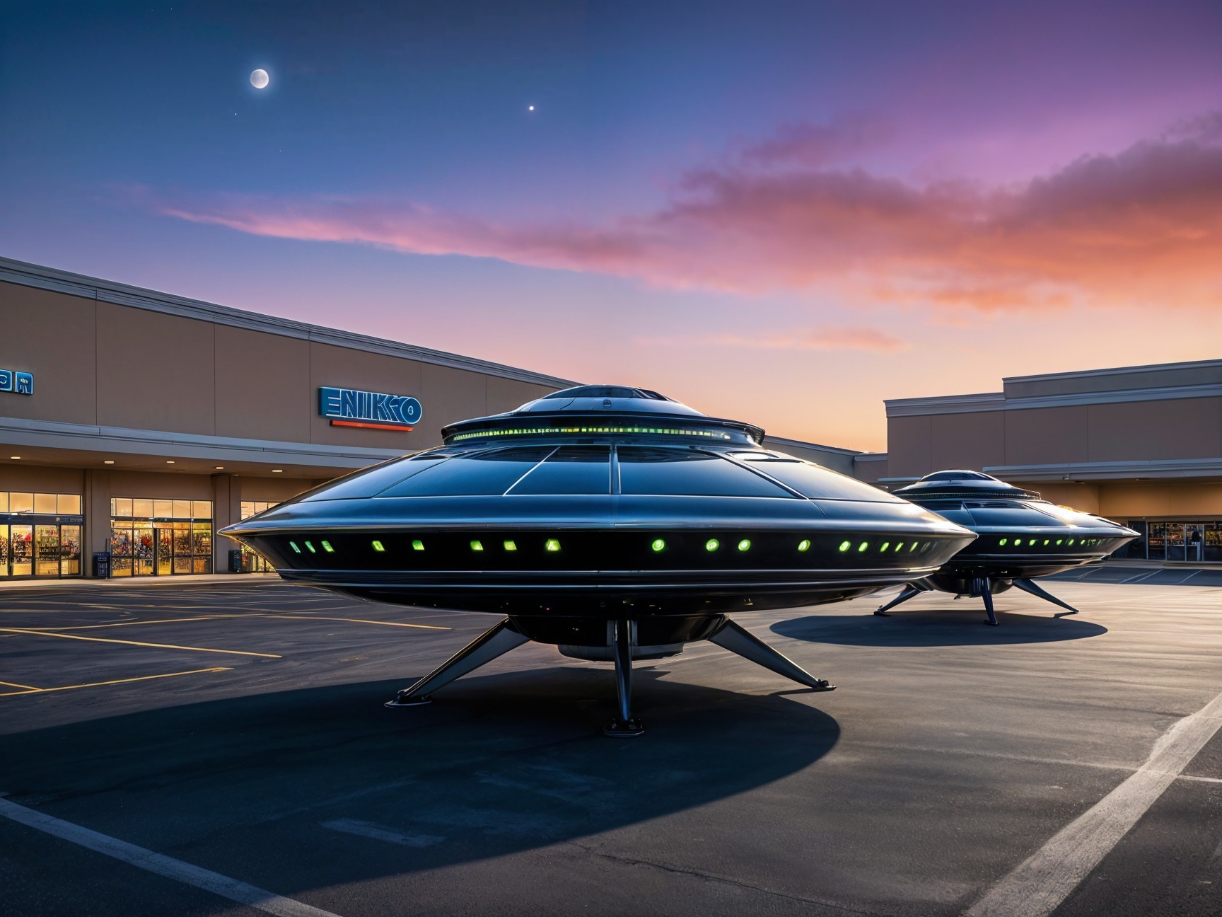 Futuristic Flying Saucers in Shopping Center at Dusk