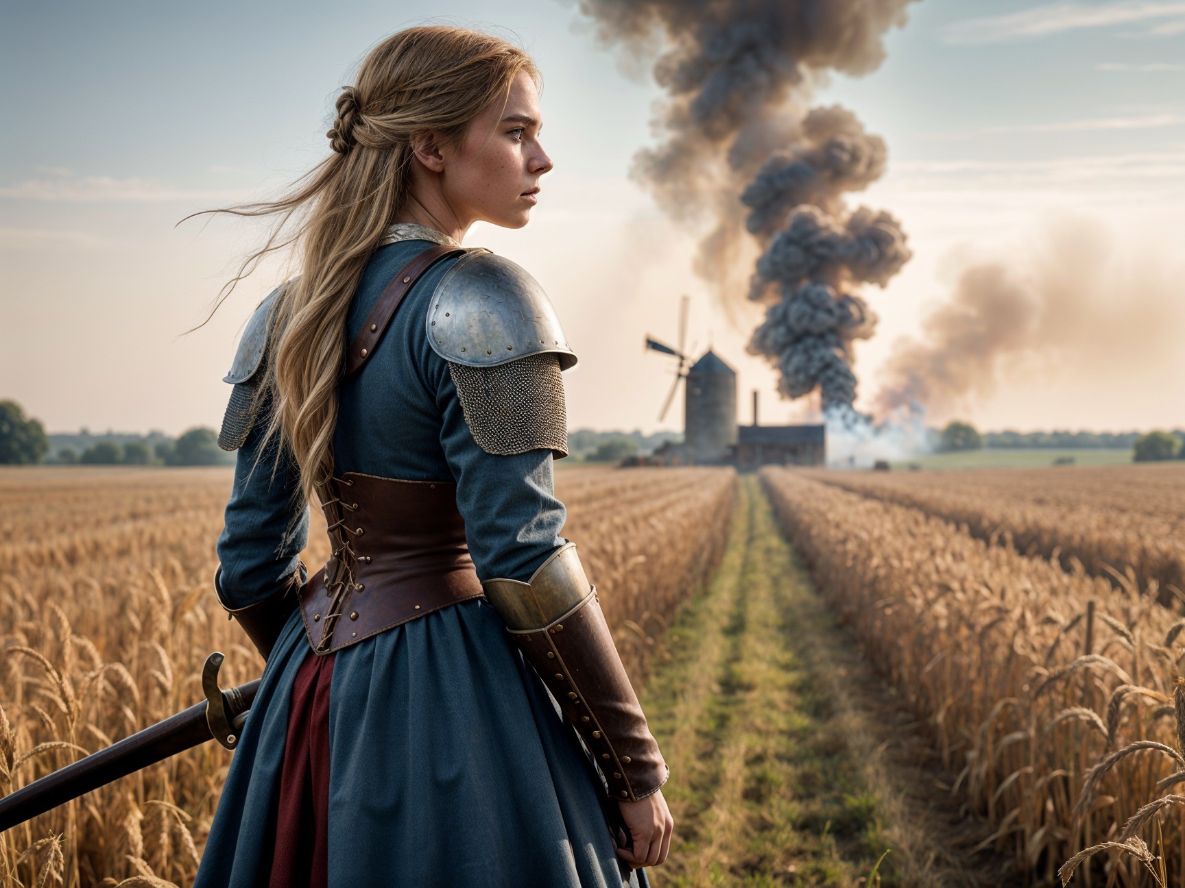 Warrior in Wheat Field with Distant Windmill and Smoke