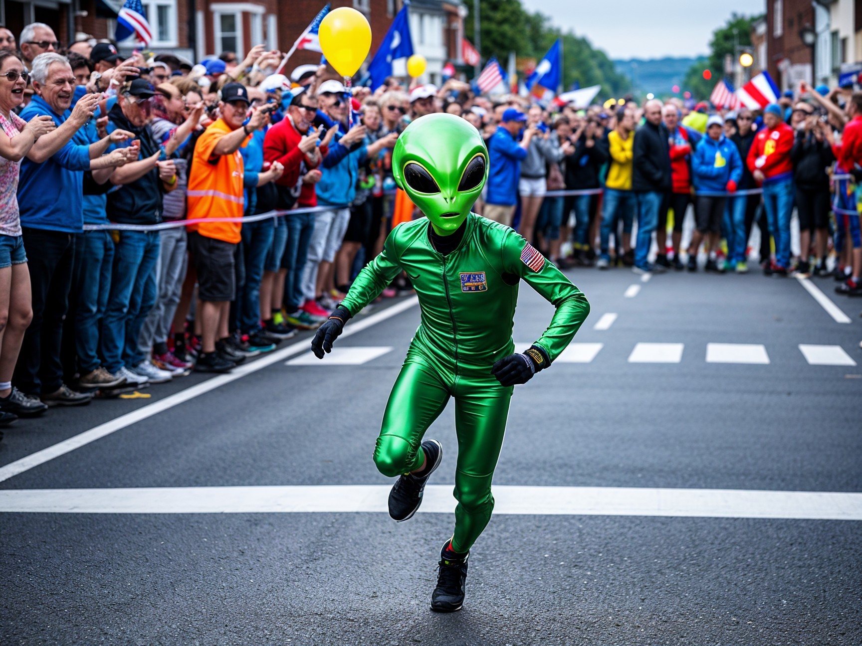 Festive Street Scene with Alien Costume and Crowds