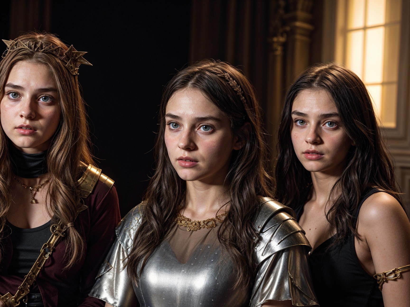 Three Young Women in Distinct Attire and Expressions