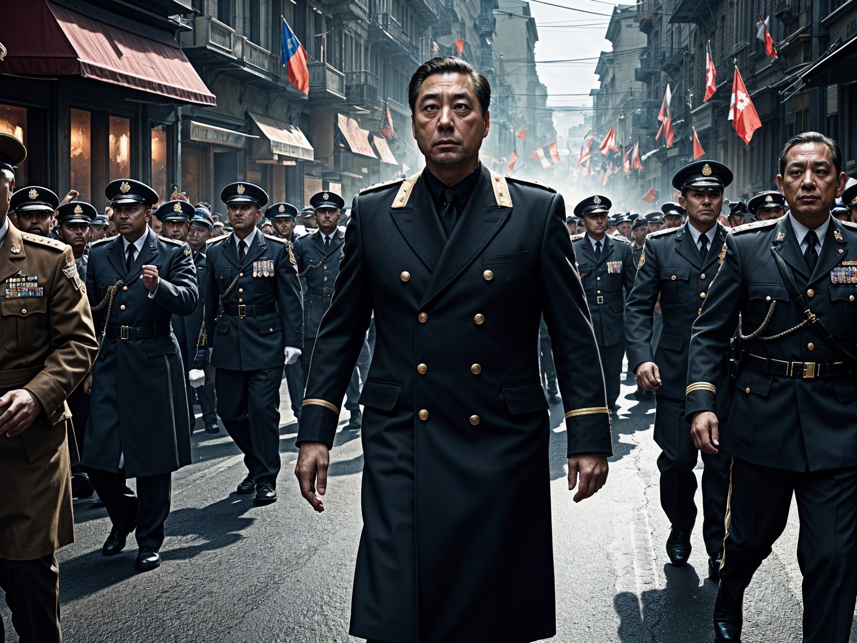 Uniformed Officers Marching Through Historic Street