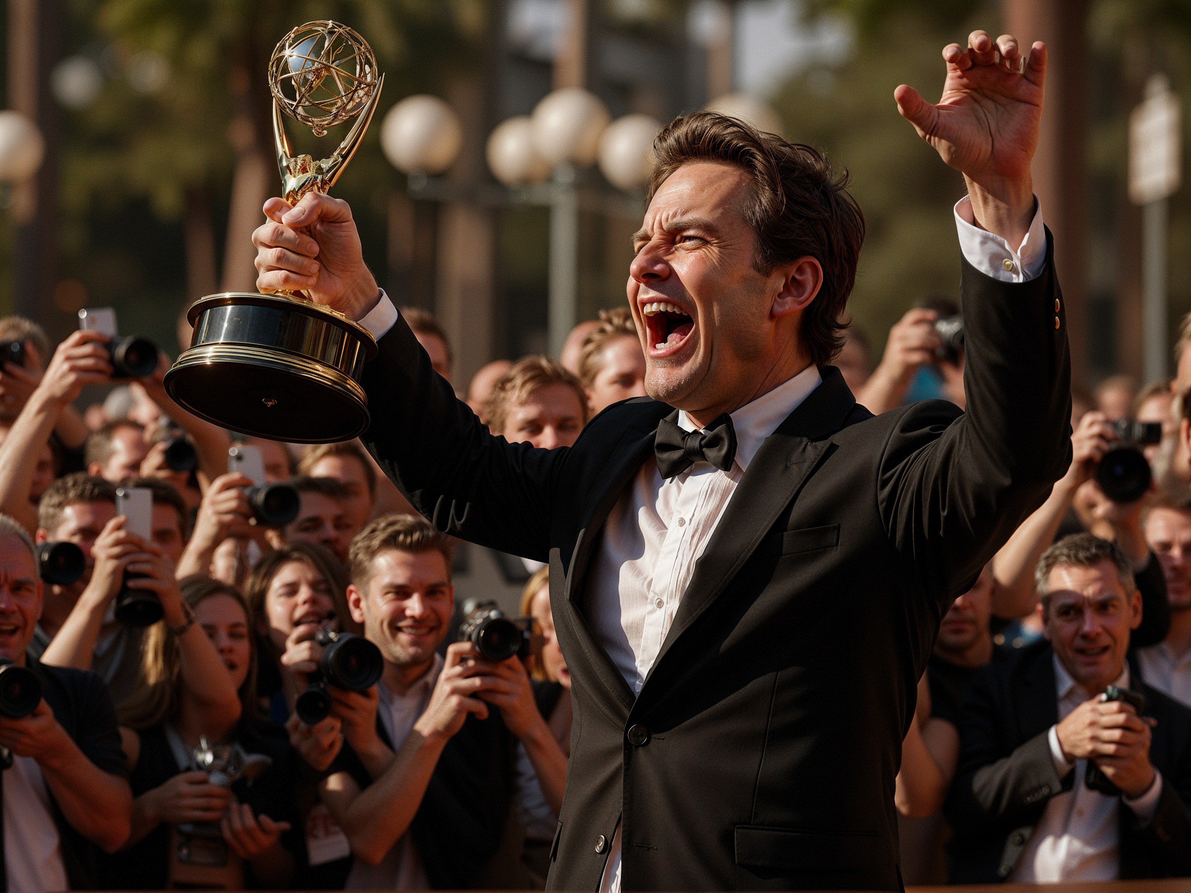 Man in Tuxedo Celebrates with Emmy Award and Crowd