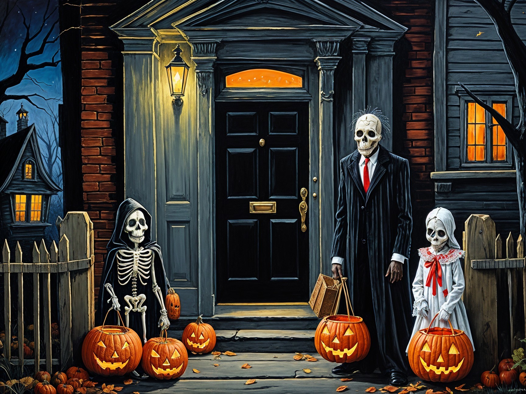 Haunted Halloween Scene with Skeletons and Pumpkins