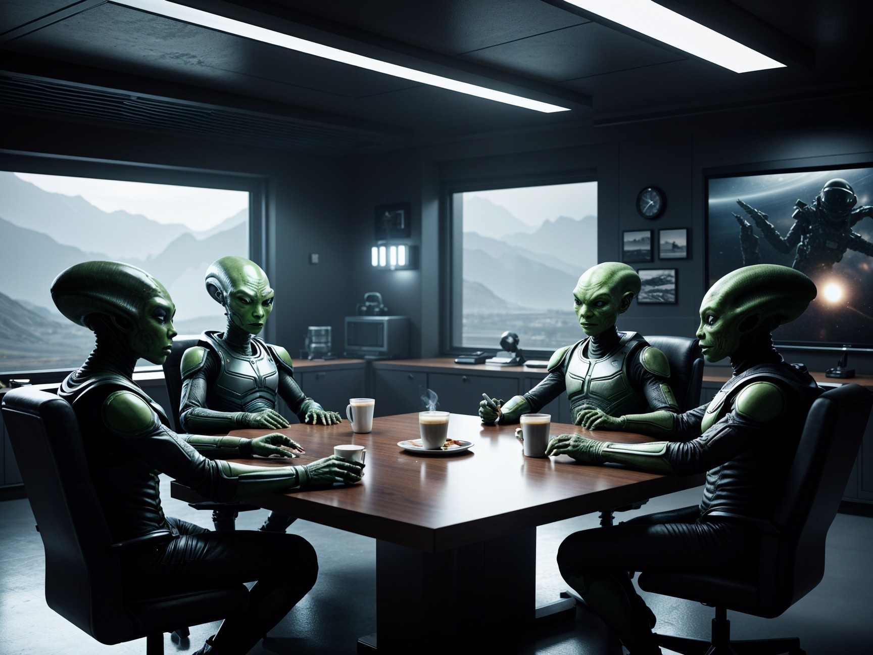 Aliens in Futuristic Room Discussing Over Mountain View