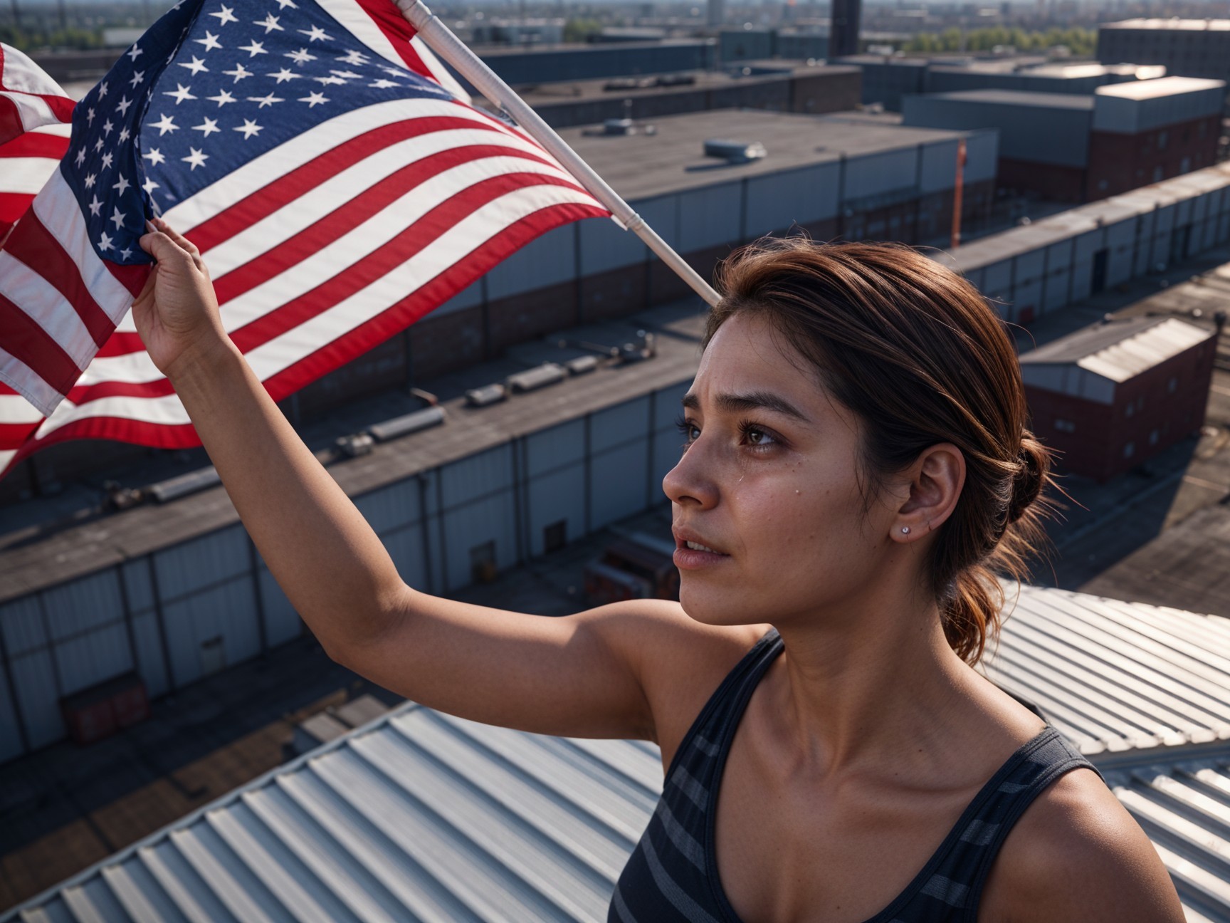 Young woman with American flag on rooftop in city