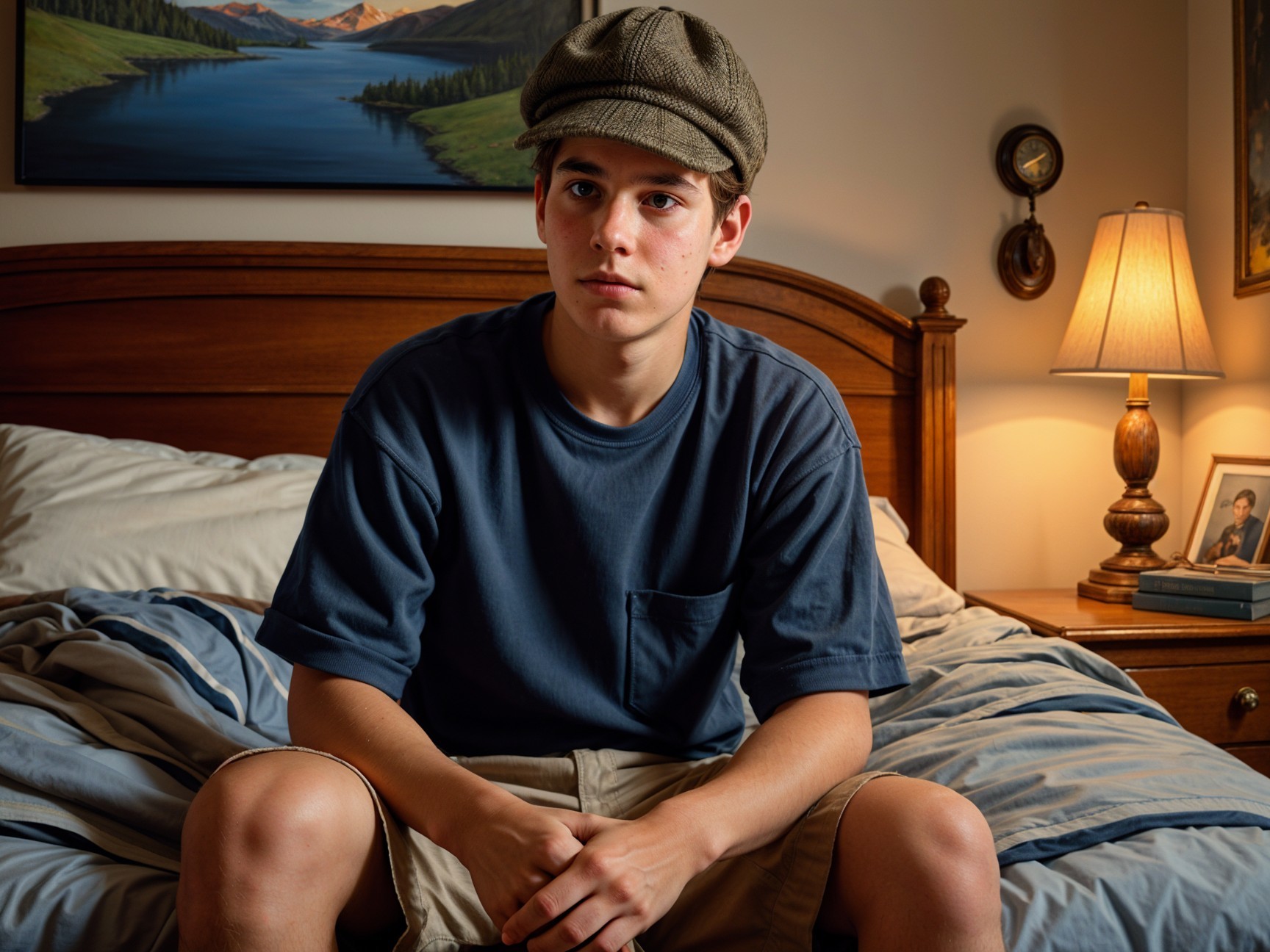 Young man in casual attire on a cozy bed setting