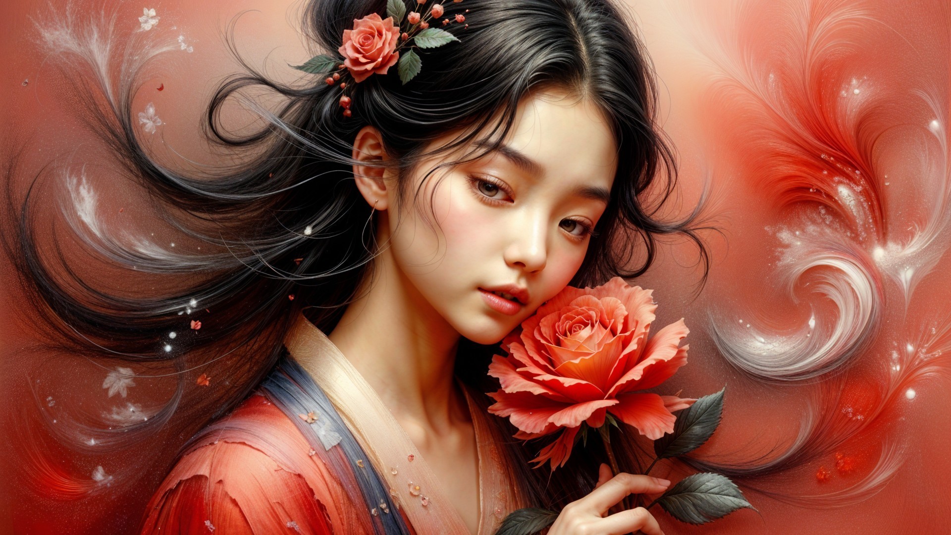 Portrait of a Young Woman with Black Hair and Rose