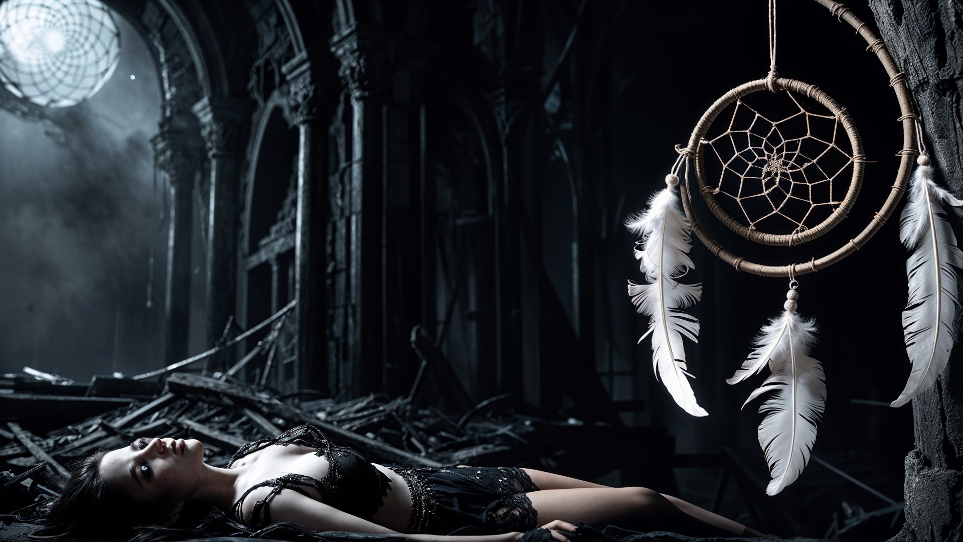 Woman in Dark Ruins with Dreamcatcher and Dim Light