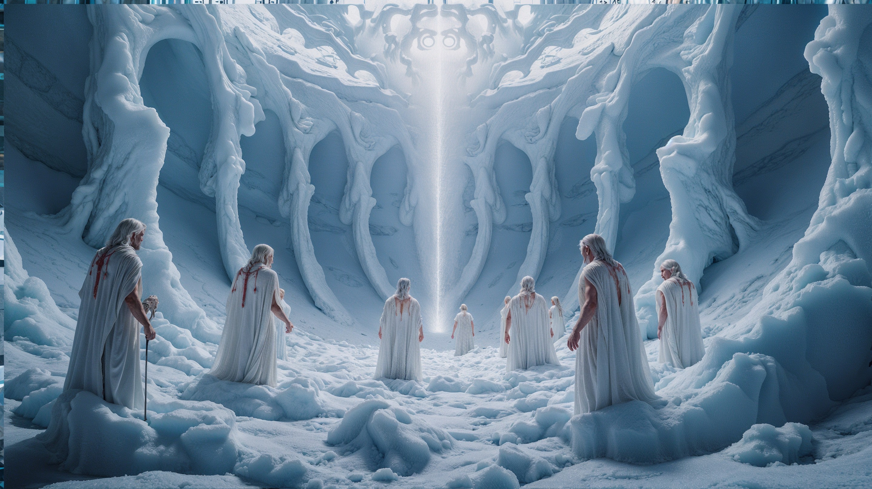 Mystical Icy Cavern with Figures in White Robes