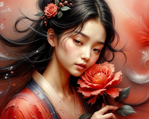 Portrait of a Young Woman with Black Hair and Rose