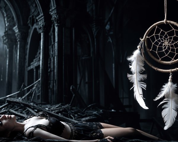 Woman in Dark Ruins with Dreamcatcher and Dim Light