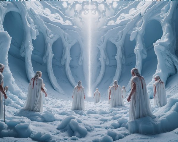 Mystical Icy Cavern with Figures in White Robes