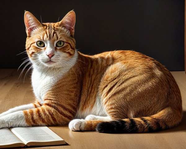 Ginger and White Tabby Cat on Wooden Floor with Book