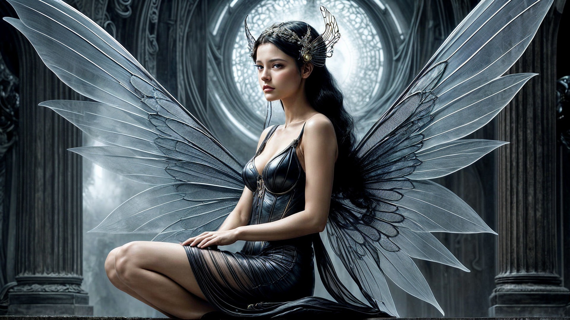 Fairy Figure with Intricate Wings and Mystical Backdrop