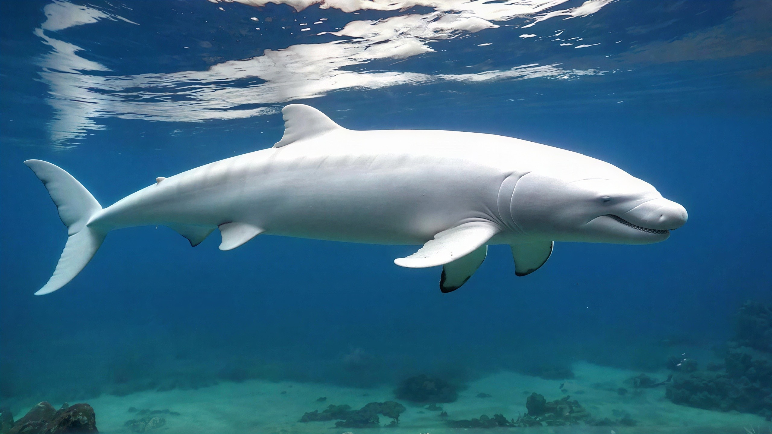 Underwater View of a White Dolphin in Clear Sea