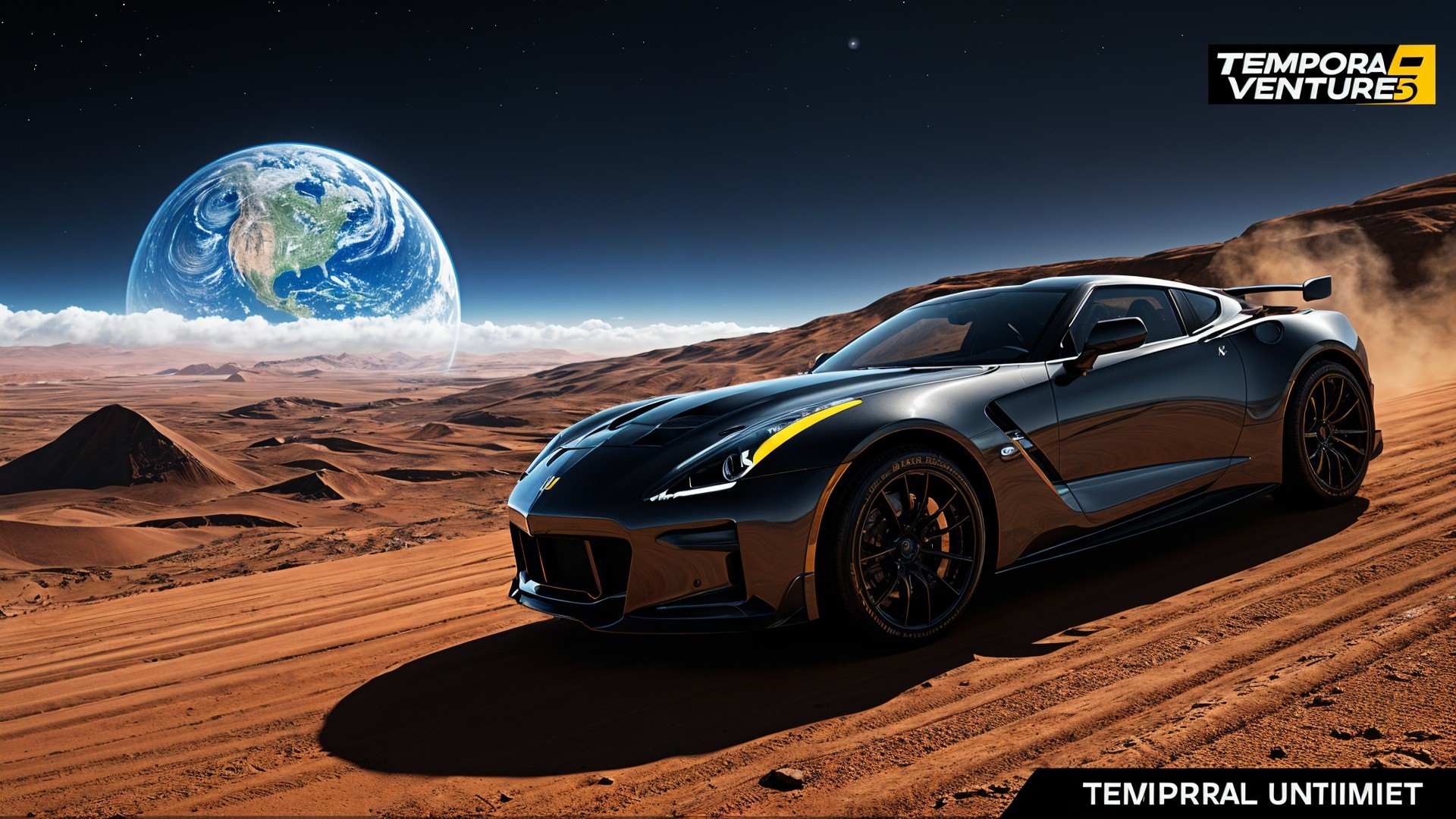 Black Sports Car on Sandy Terrain Under Starry Sky