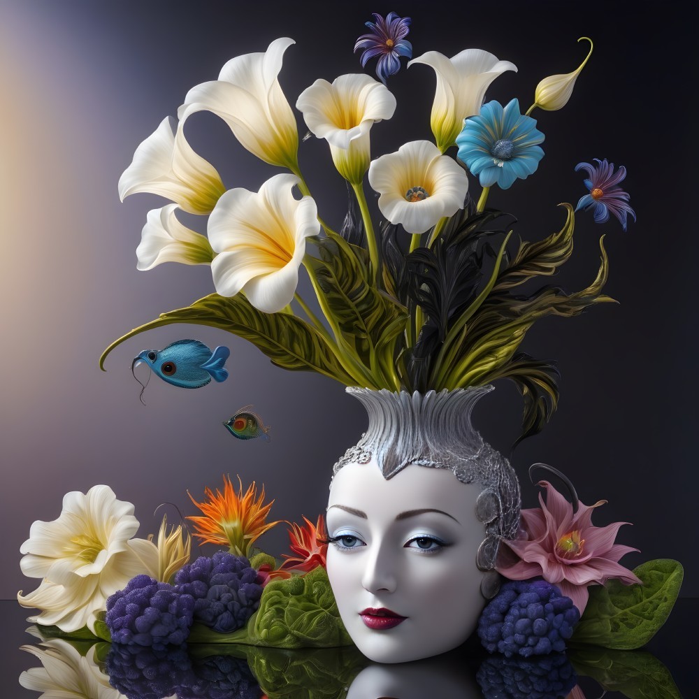 Surreal Vase with Flowers and Exotic Fruits Arrangement