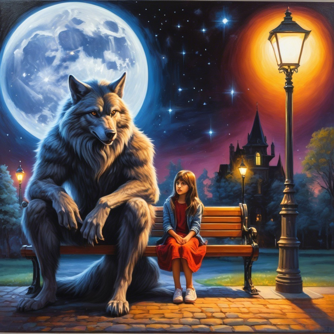 Young girl in red dress with wolf under moonlit sky