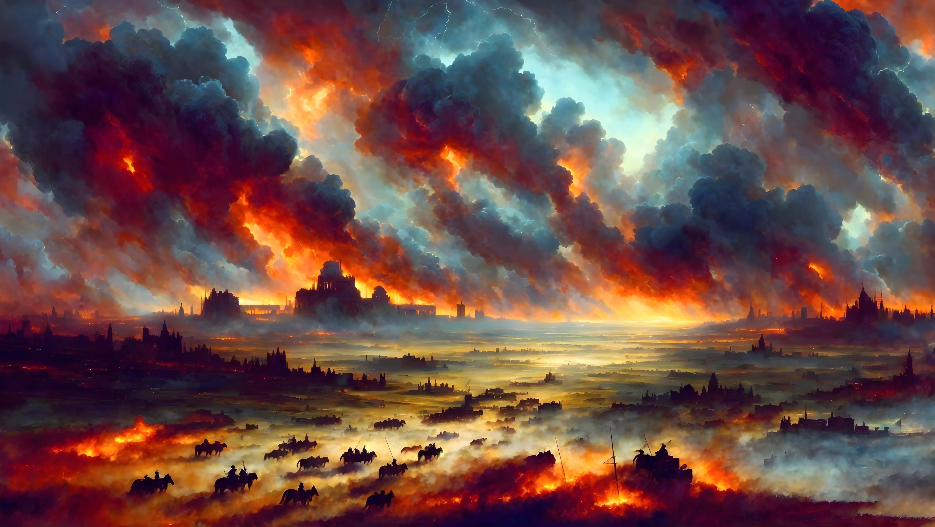 Dramatic Landscape with Fiery Clouds and Ruins