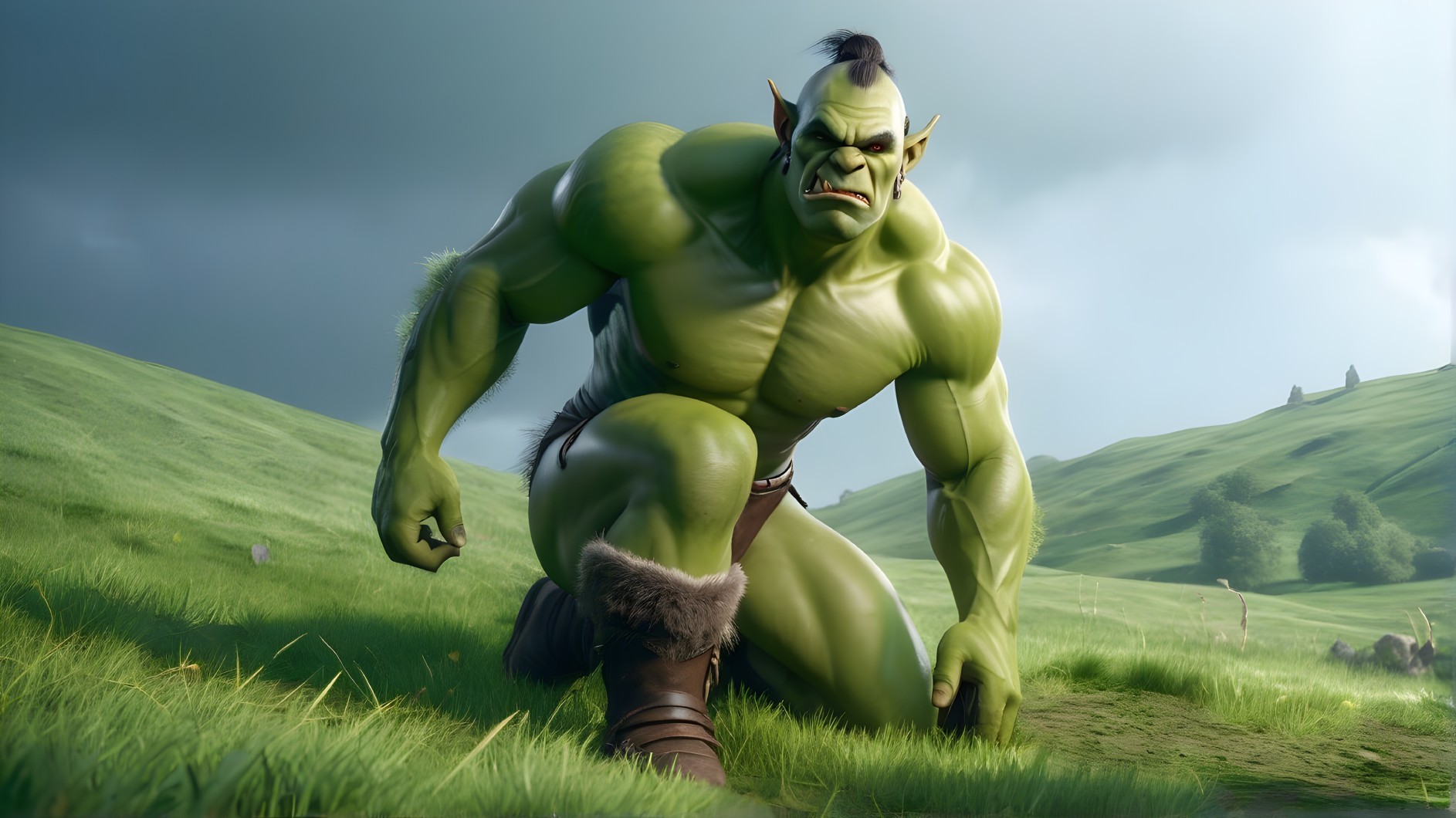 Imposing Green Orc in Lush Grassy Landscape