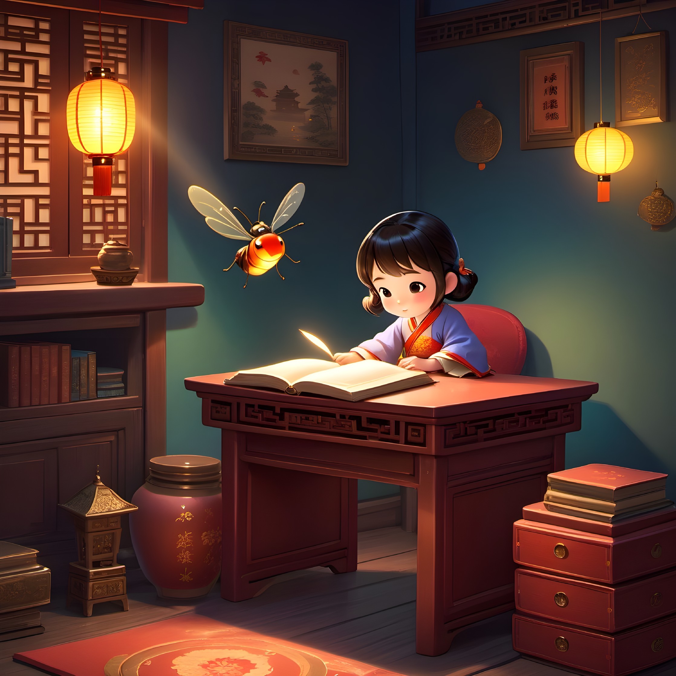 Young girl reading in a cozy Asian-inspired room