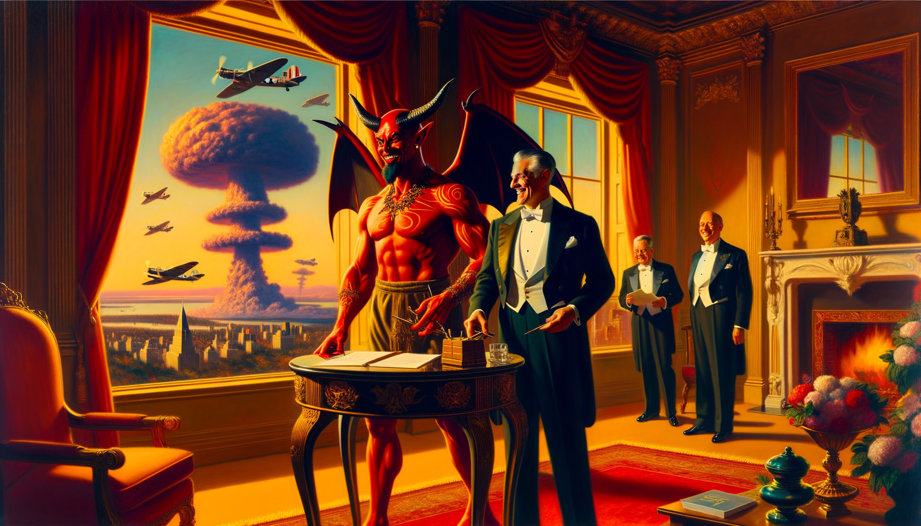 Lavish Room with Devil and City Under Siege Scene