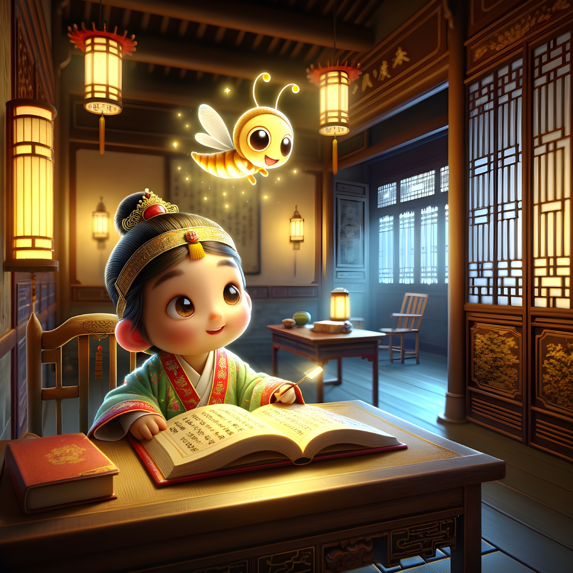 Child in ornate attire reading in a magical study