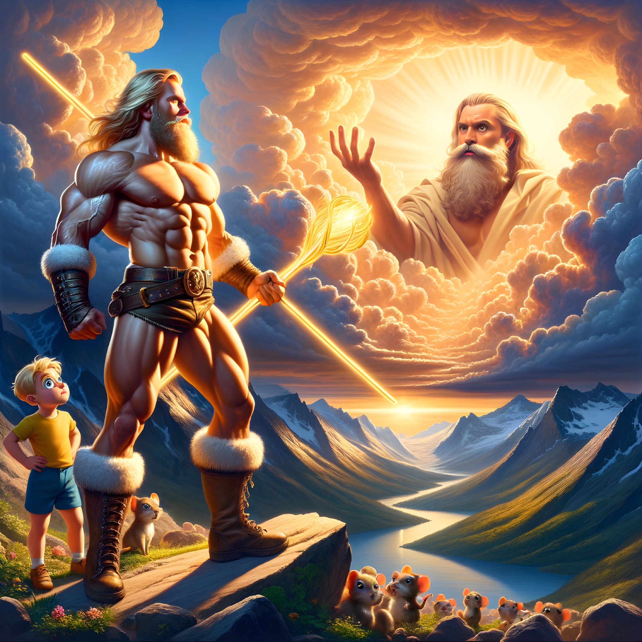 Muscular Hero with Golden Spear in Mythical Landscape