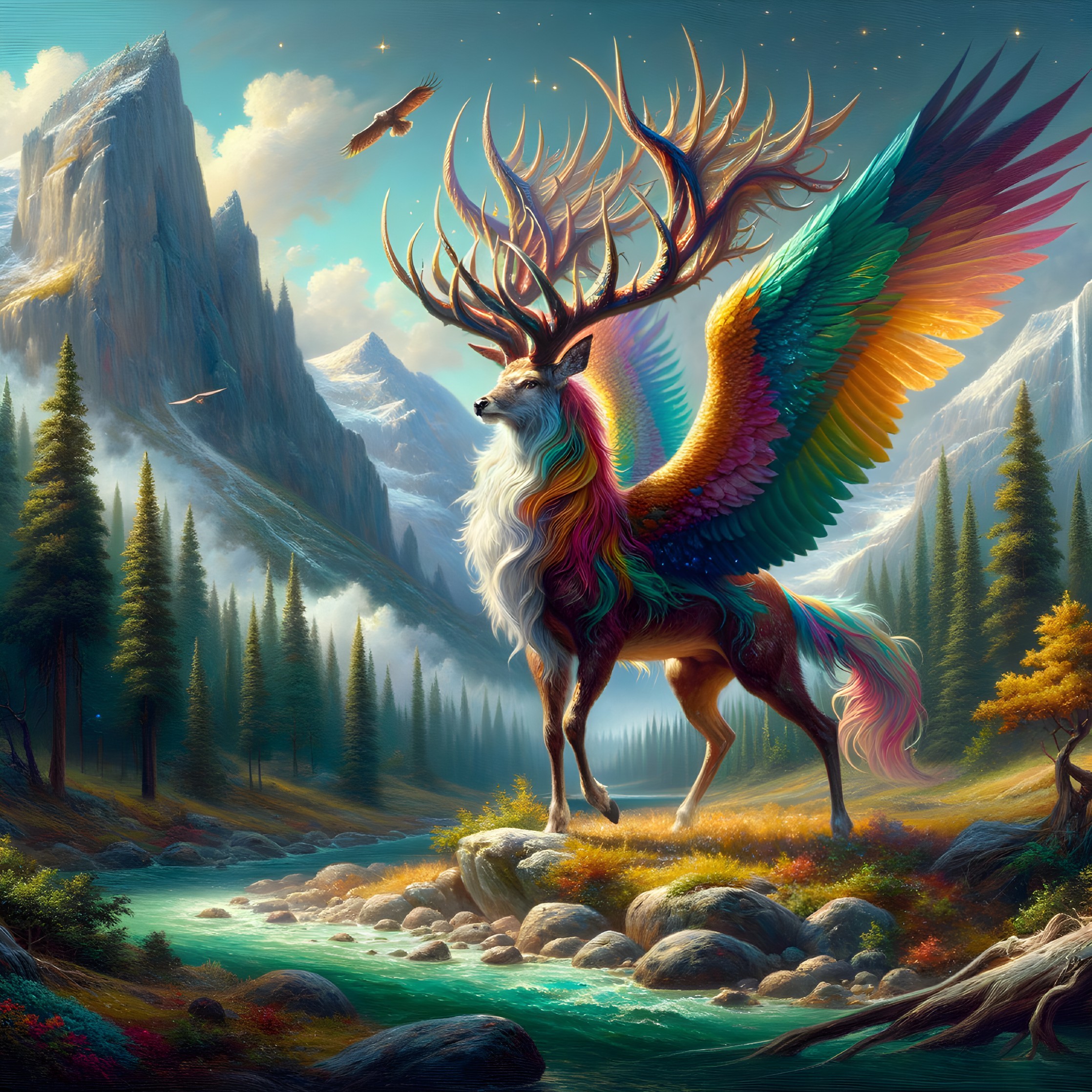 Majestic Stag with Rainbow Wings in Fantasy Landscape