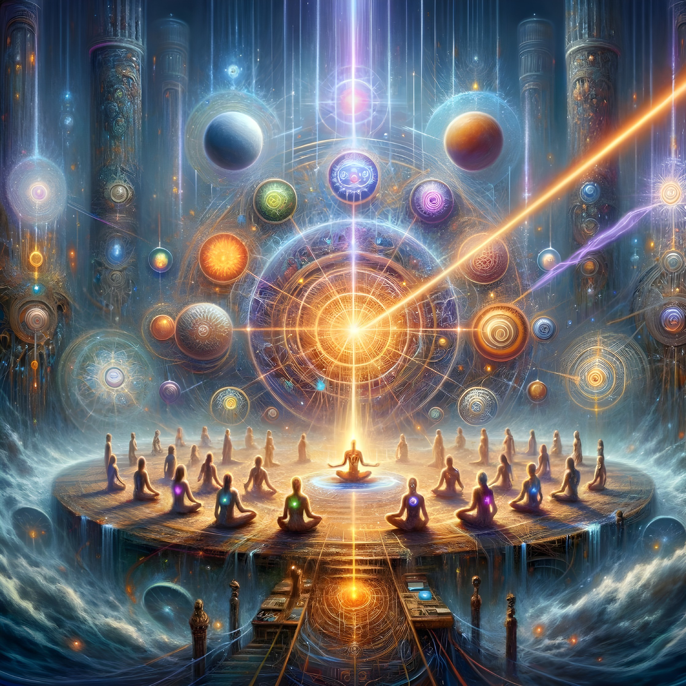 Meditating Figures in a Cosmic Spiritual Scene