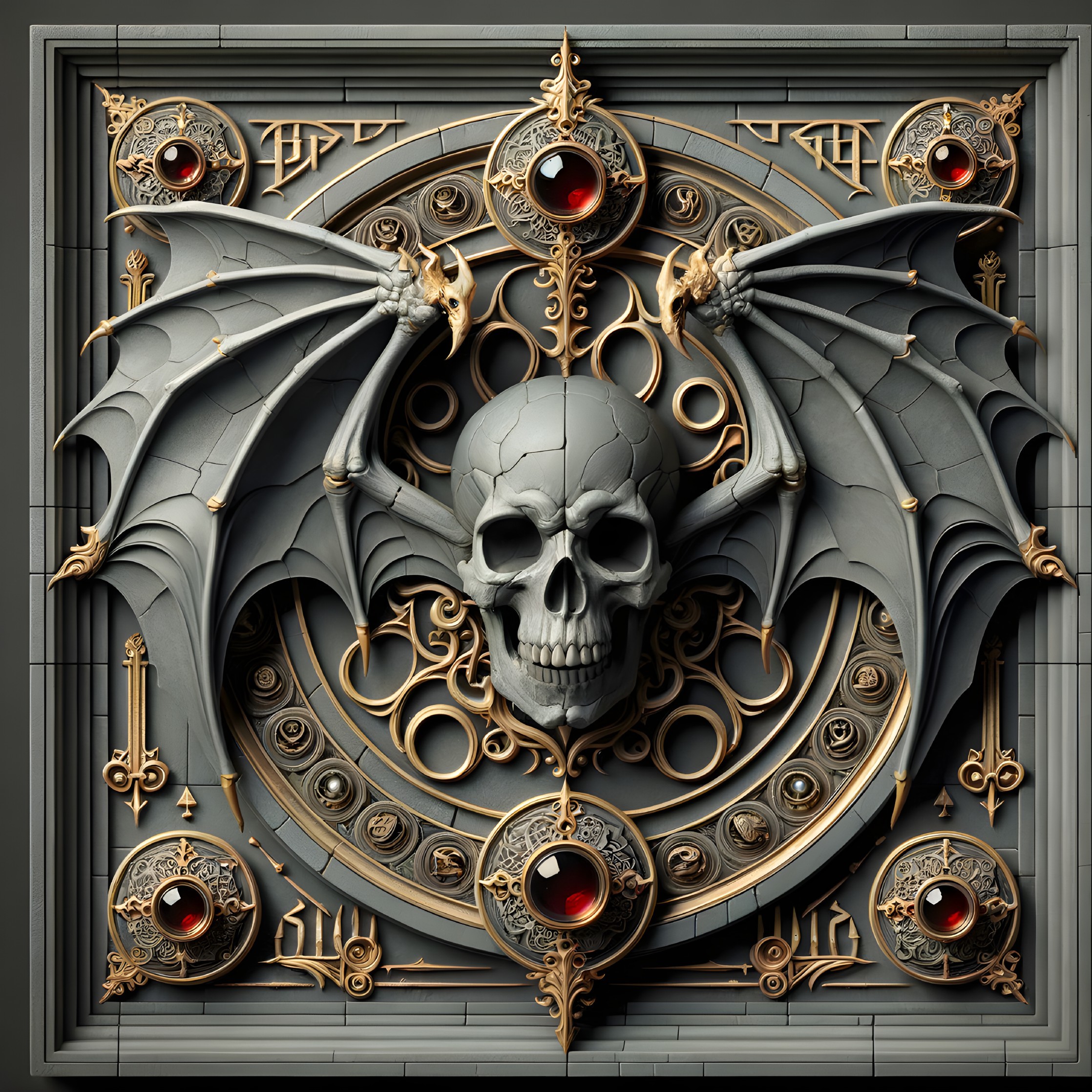 Gothic Skull Design with Bat Wings and Gemstone Accents