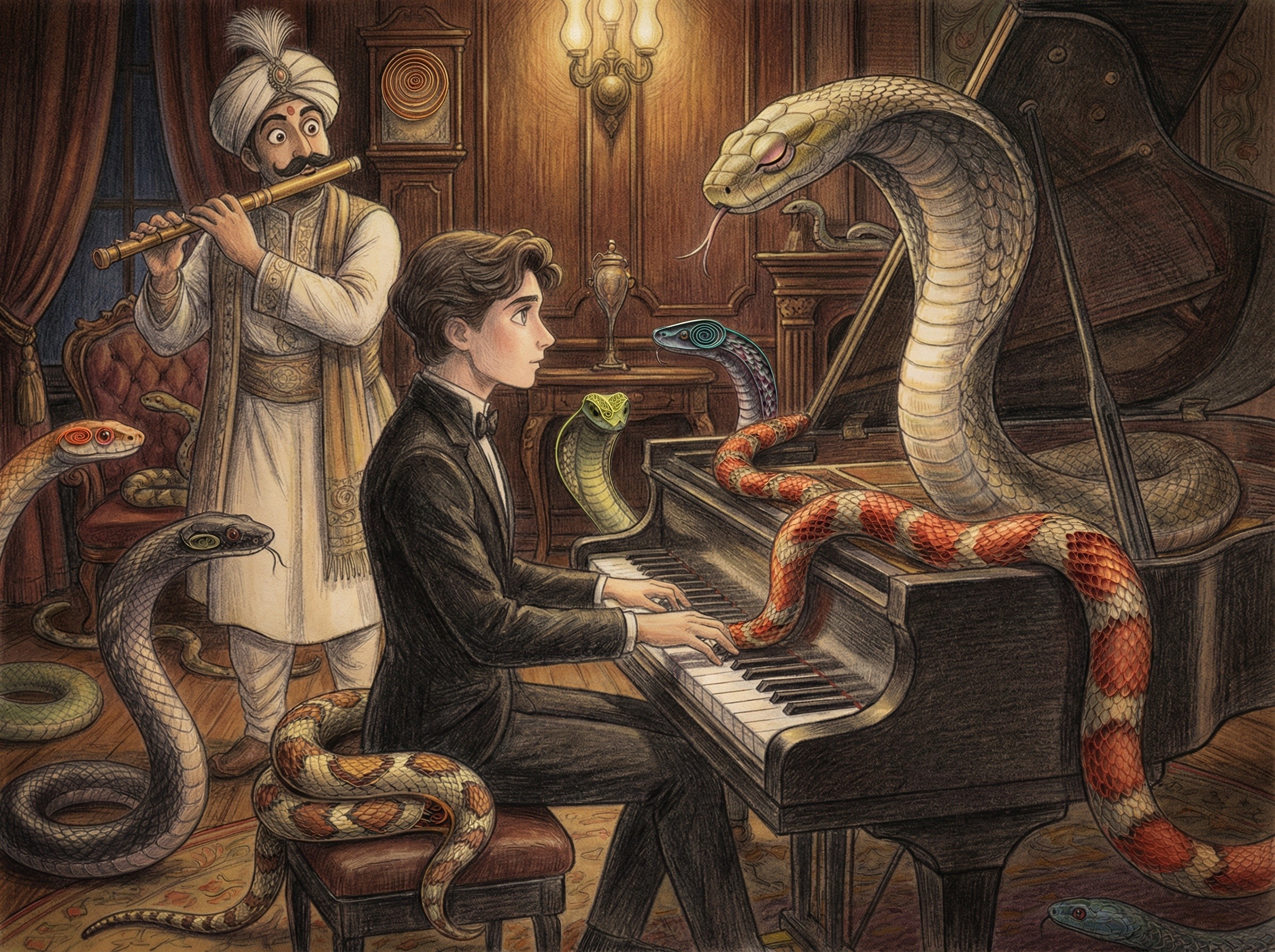 Young man in suit plays piano with snakes present